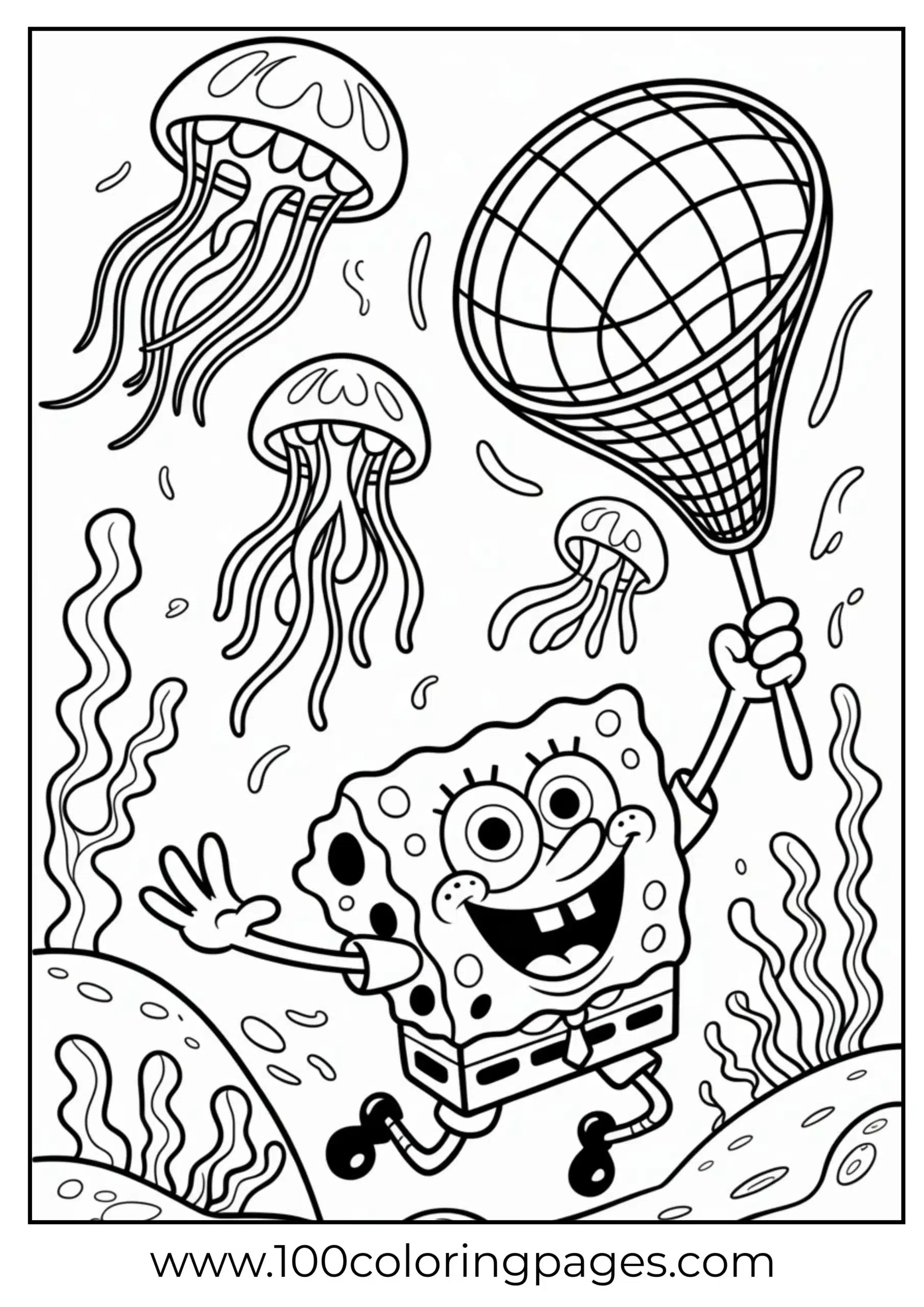 SpongeBob holding net chasing jellyfish as coloring page