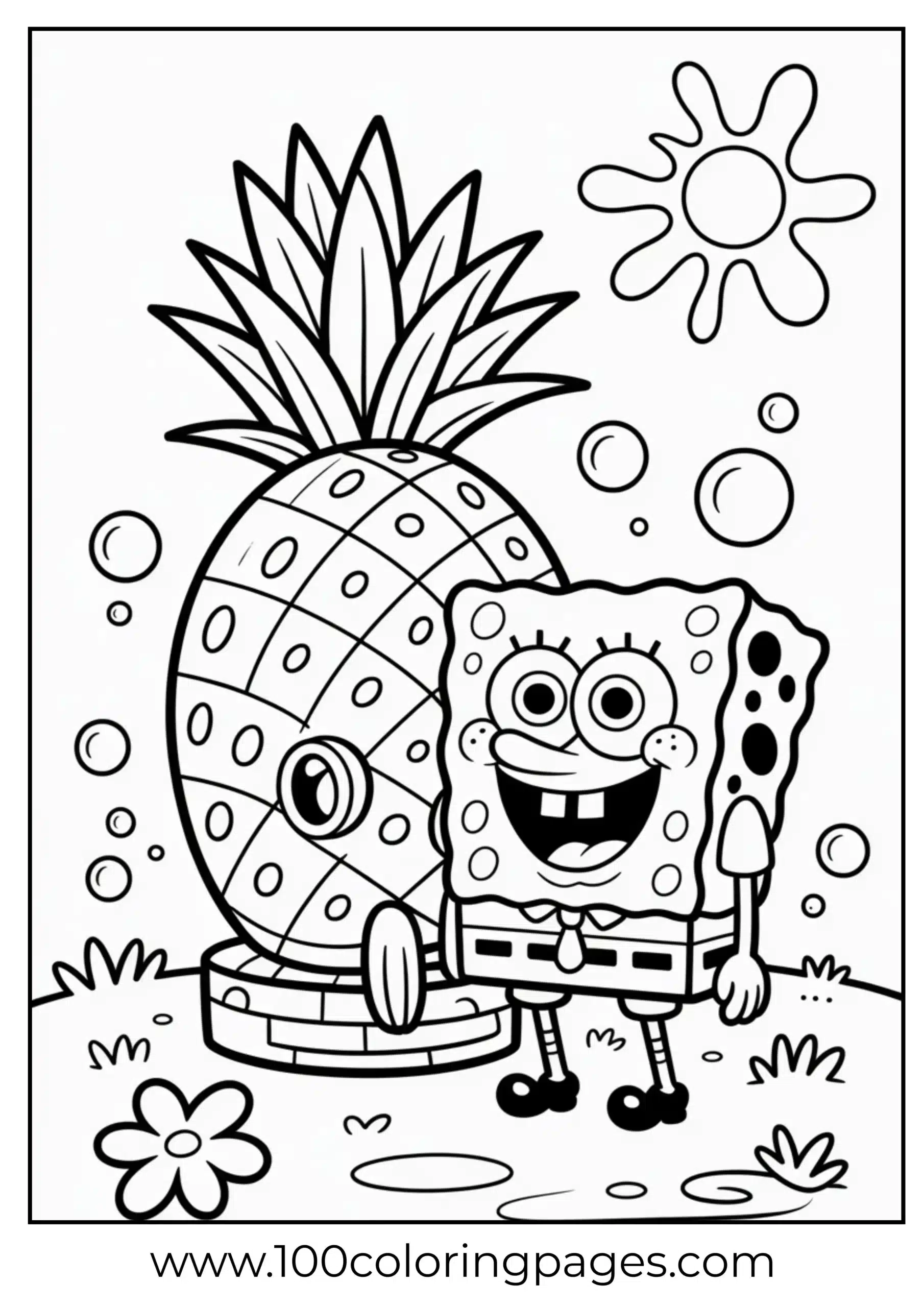 SpongeBob with pineapple house backdrop as coloring page