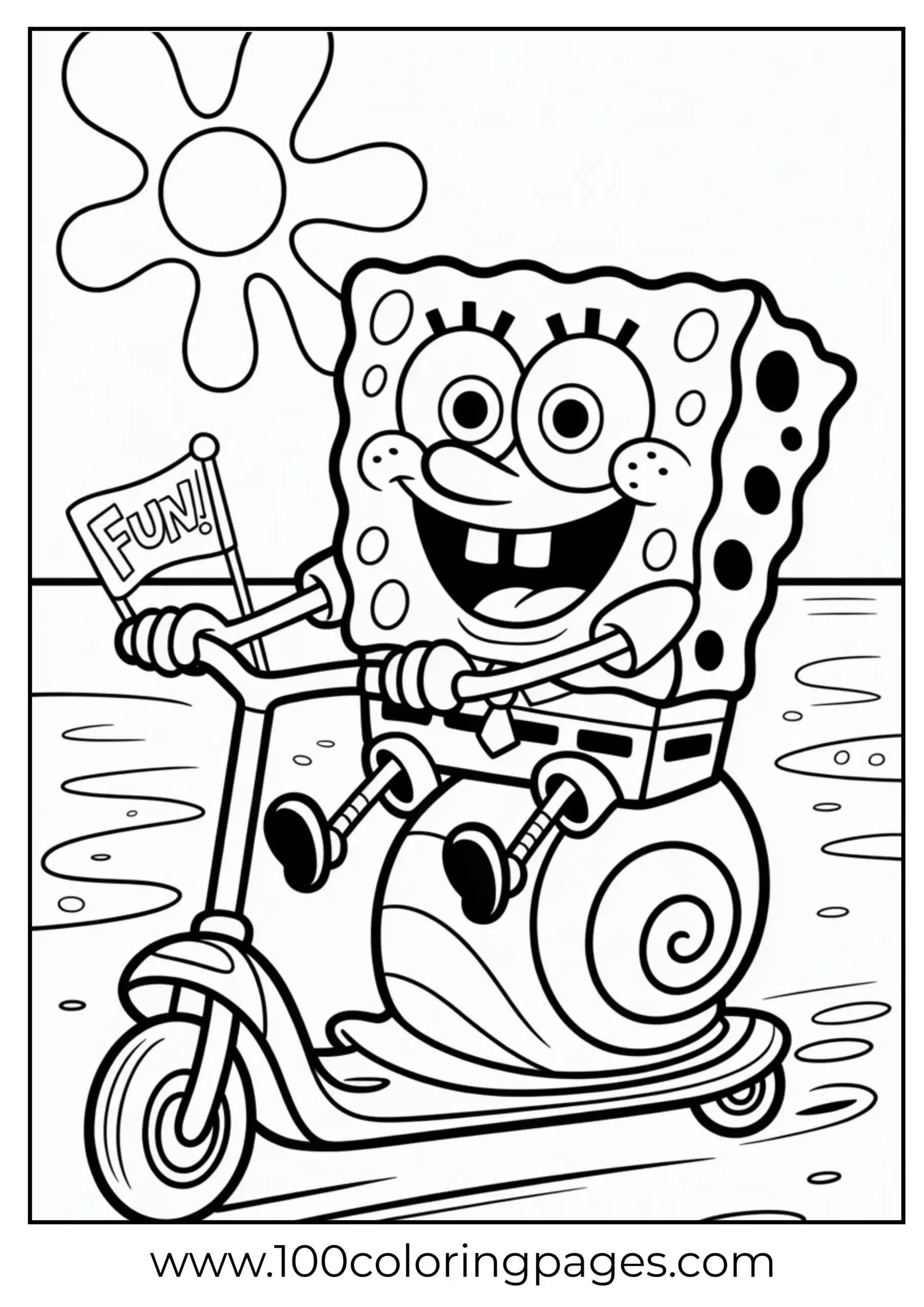 SpongeBob riding snail shell scooter as coloring page