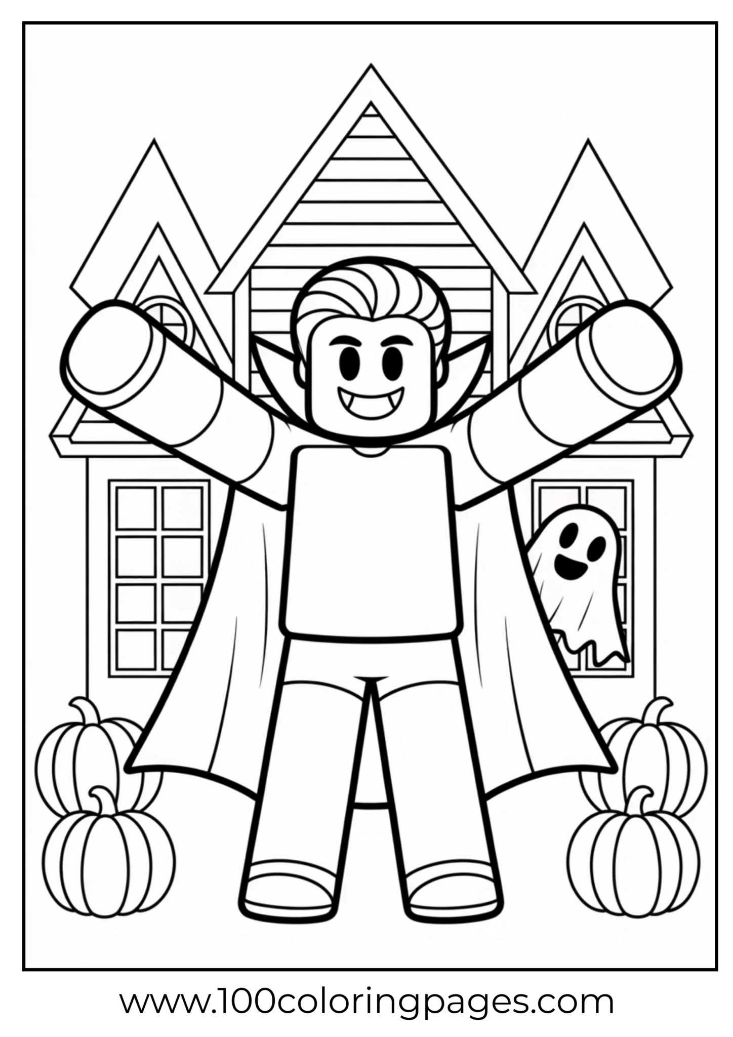 Smiling character with a cape in front of a haunted house