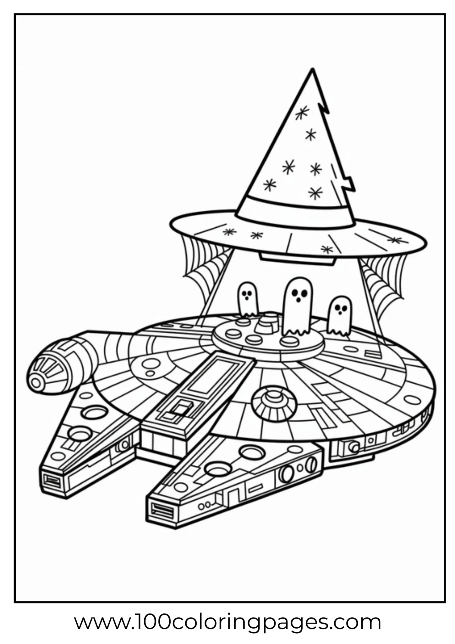 Spooky themed space ship with ghosts and witch hat