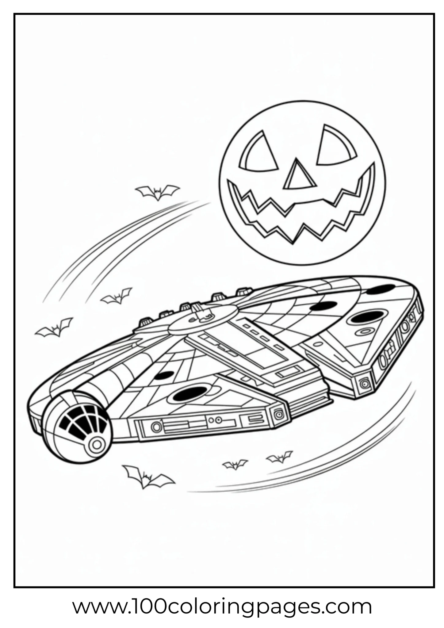 Spooky spaceship with a large pumpkin and bats flying around