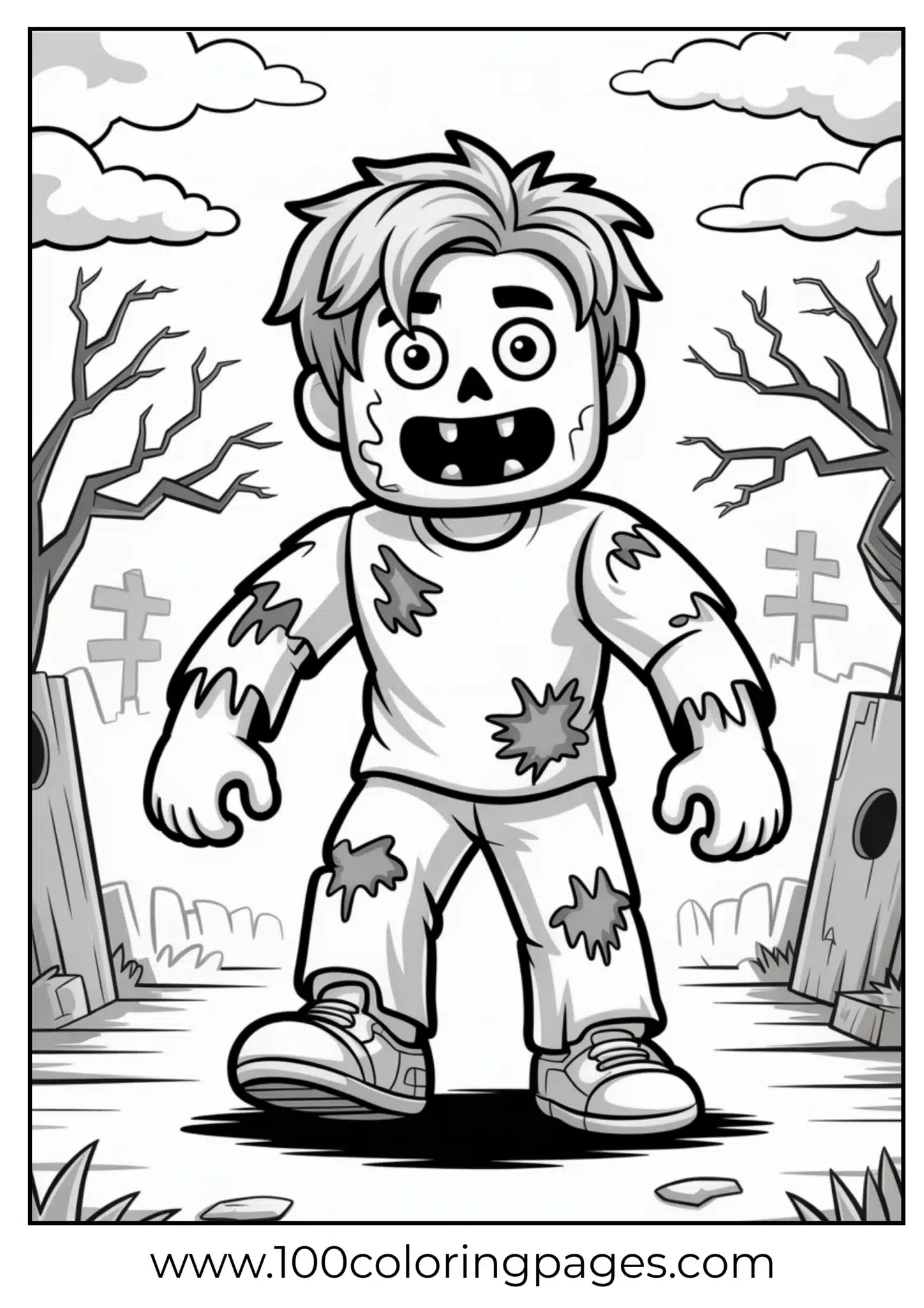 Zombie boy in a deserted landscape, trees and clouds in background