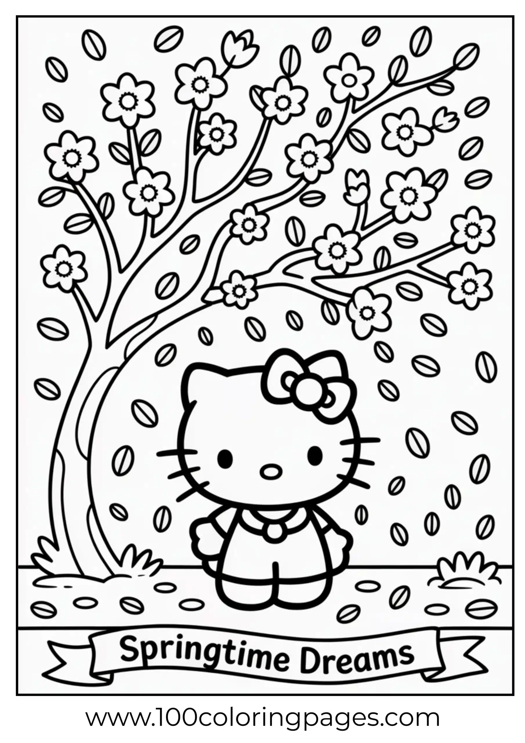 Hello Kitty in spring flowers coloring page