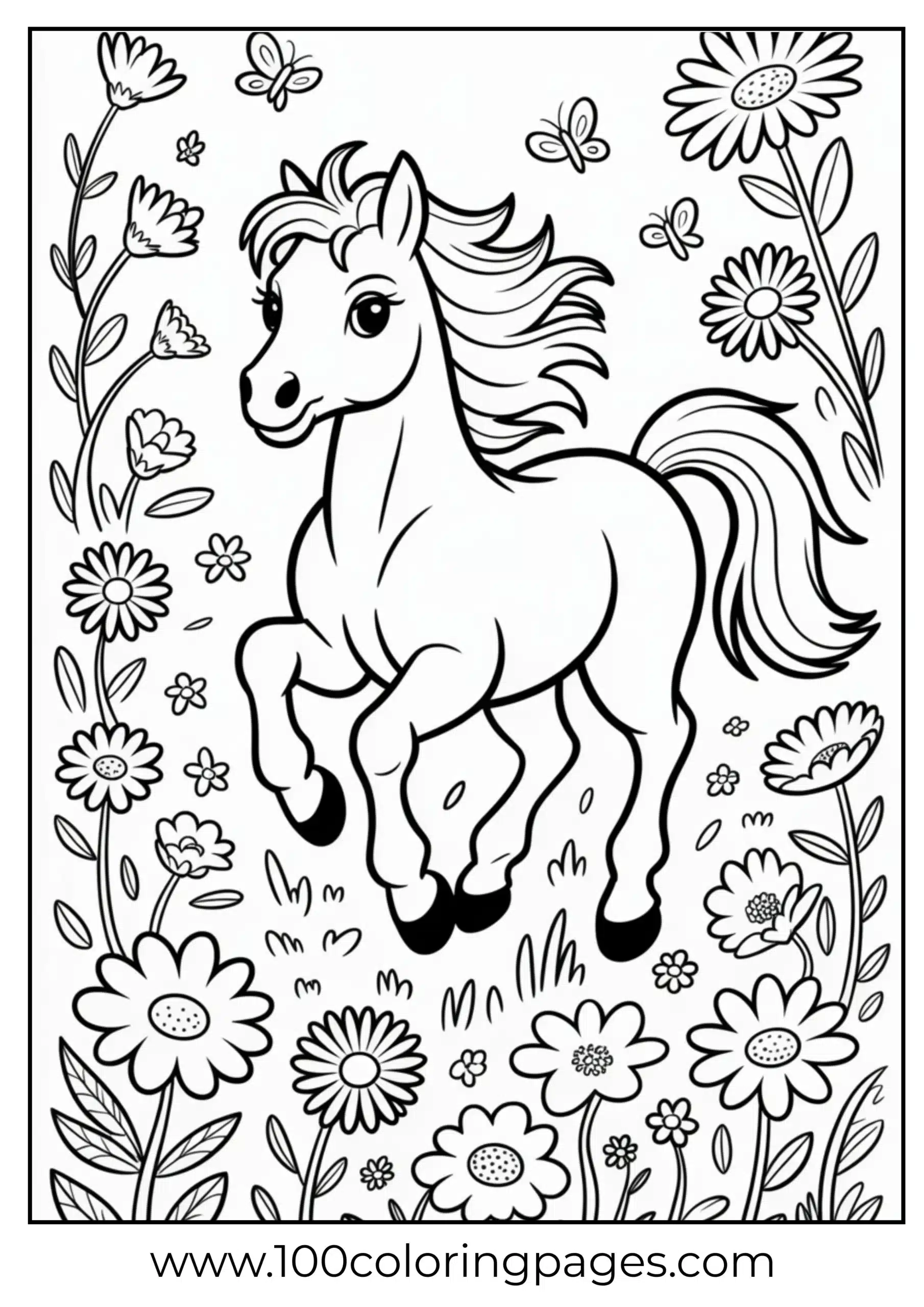 Pony running through flower field