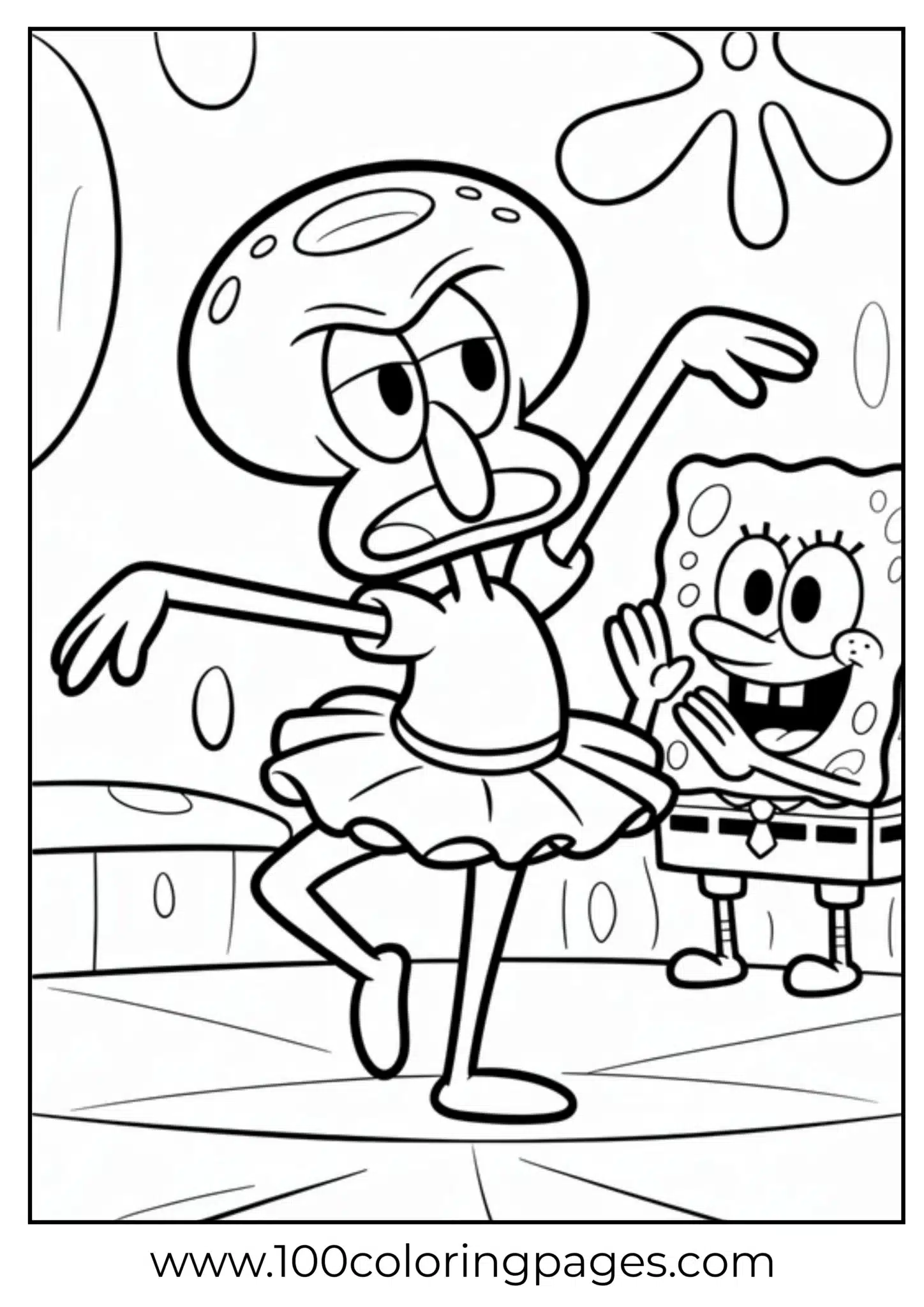 Squidward in a tutu dancing ballet next to smiling SpongeBob