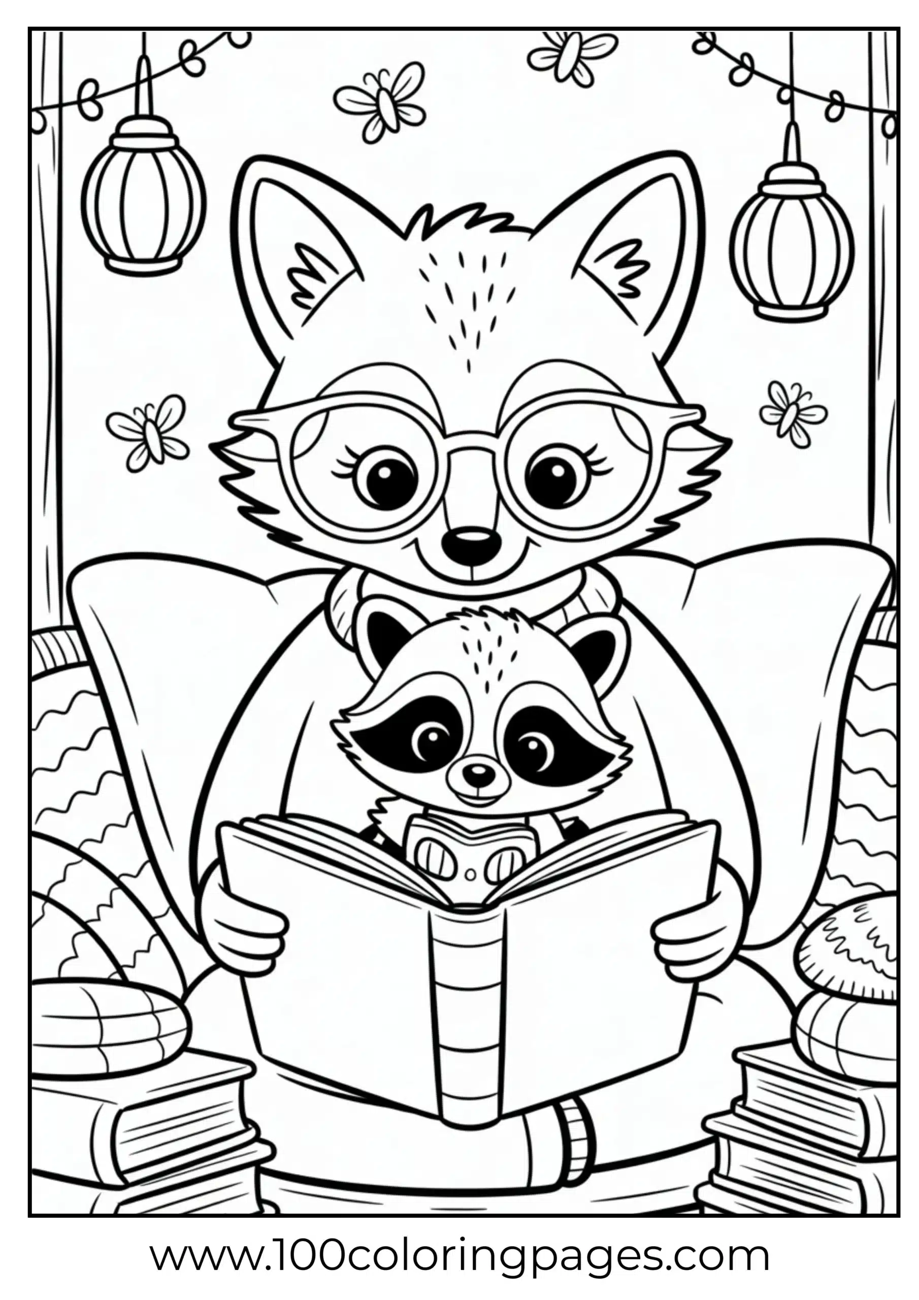 Fox reading story to raccoon cub