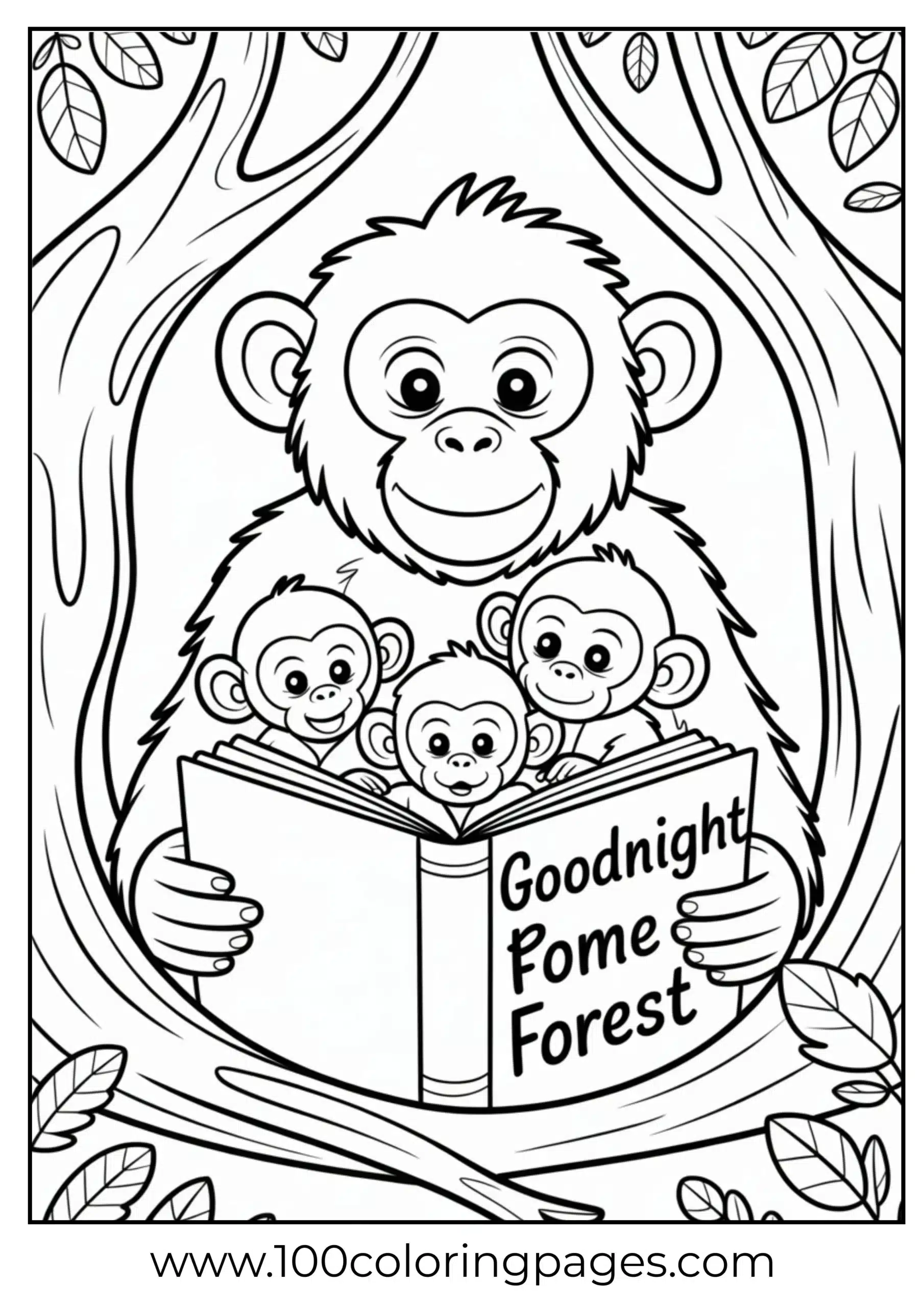 Monkey reading bedtime story coloring page