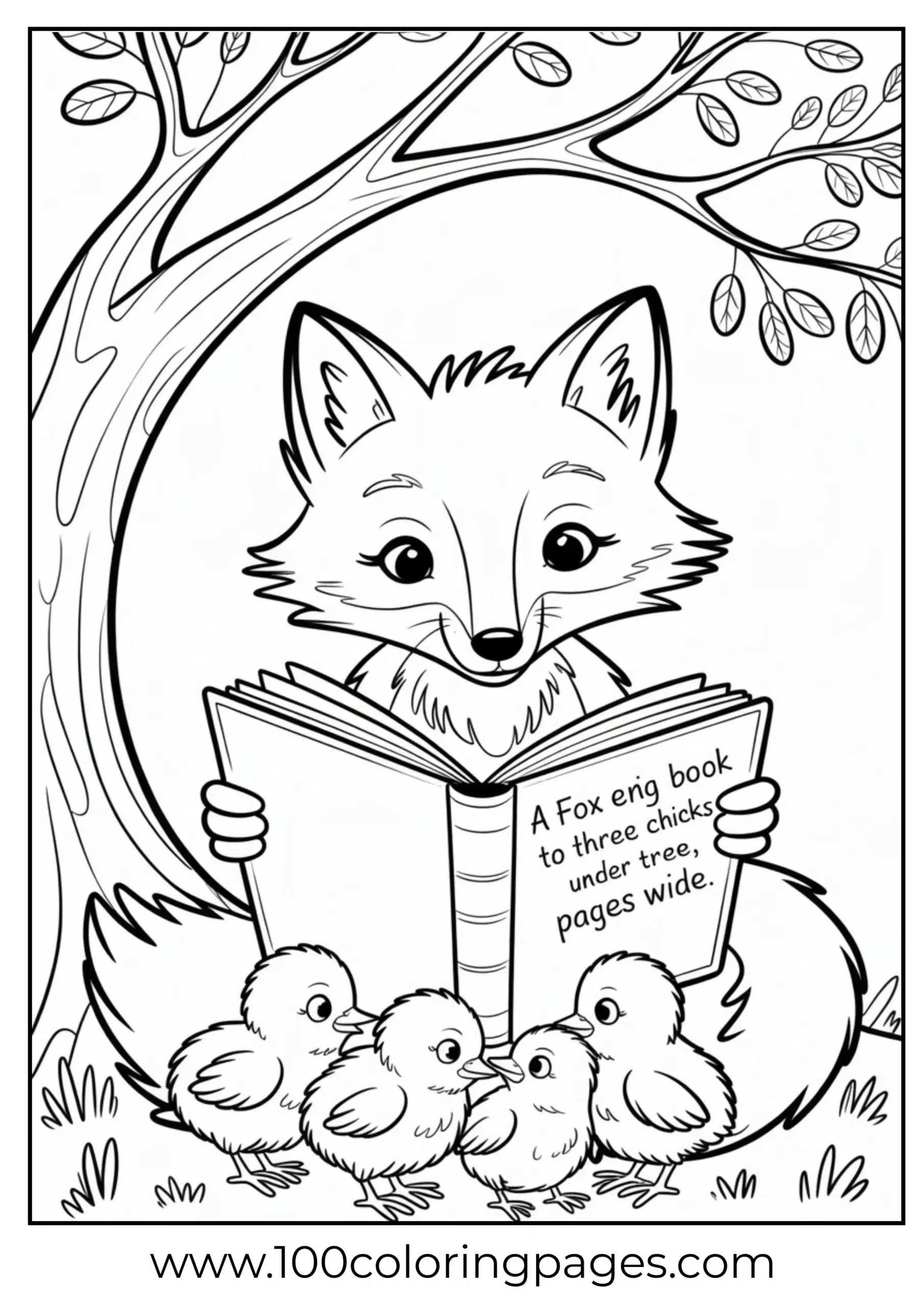 Fox reading to chicks coloring page
