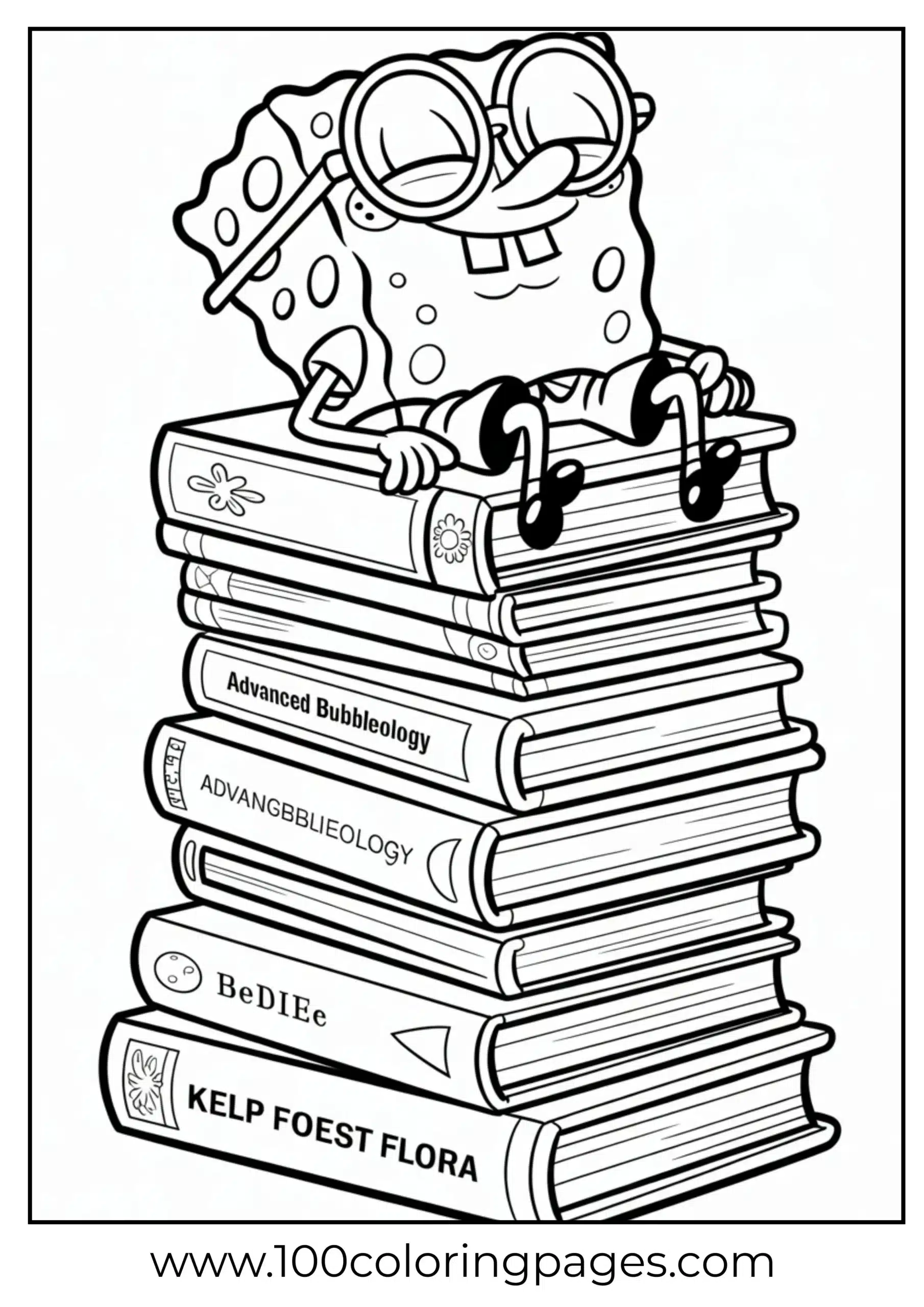 SpongeBob sleeping on books with glasses on head