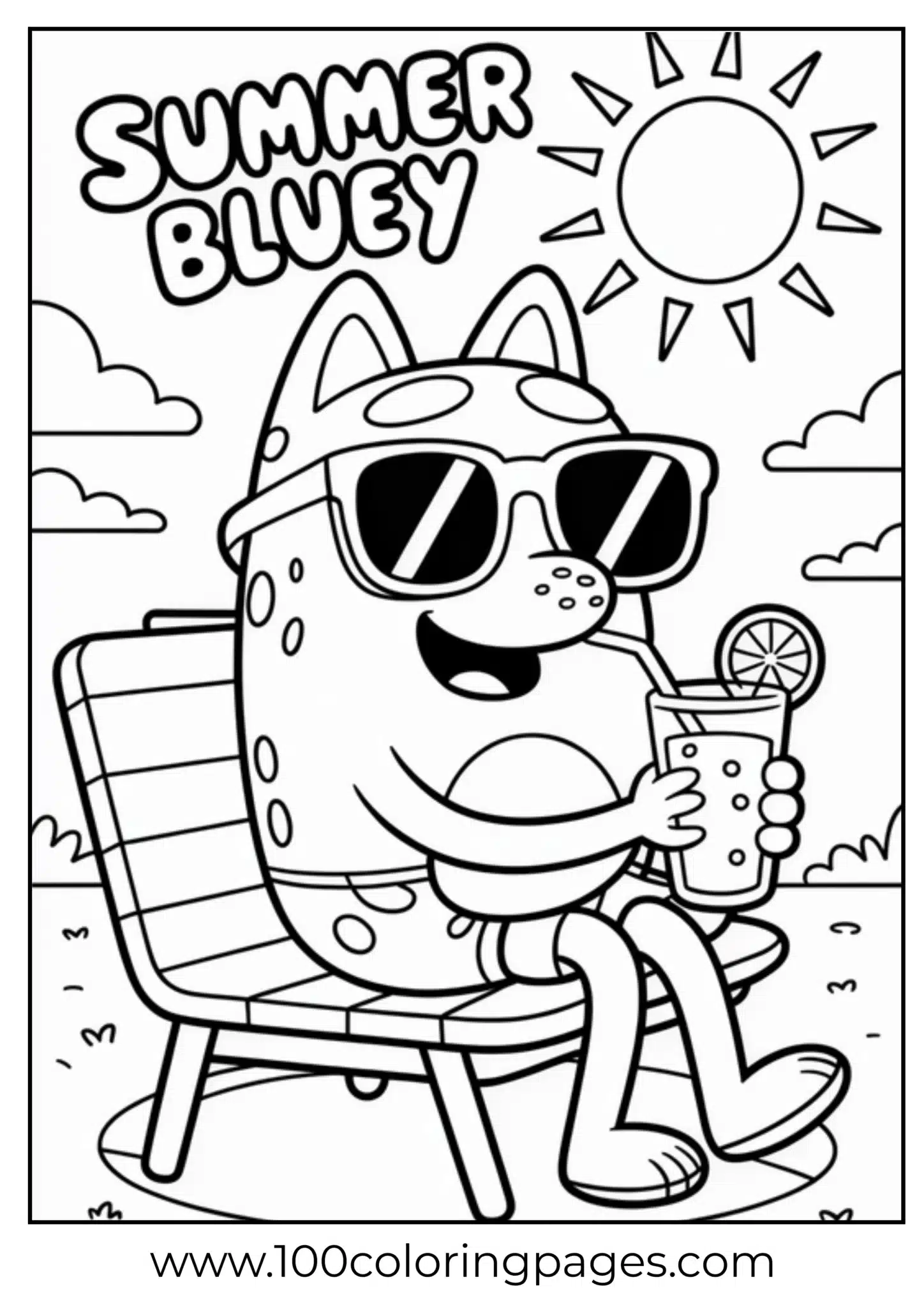 Cartoon dog with sunglasses drinking juice in the sun