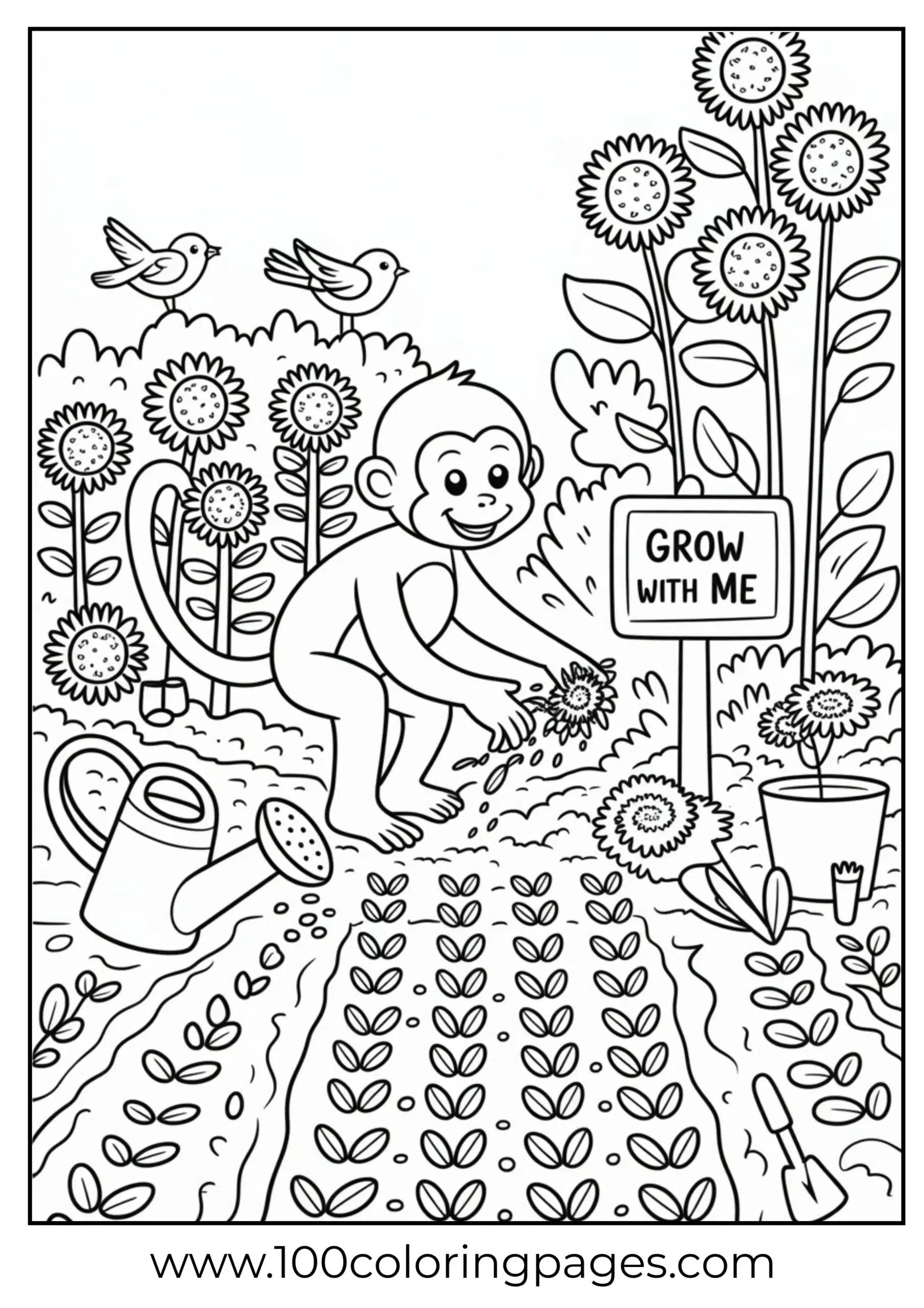 Monkey planting sunflower seeds coloring page