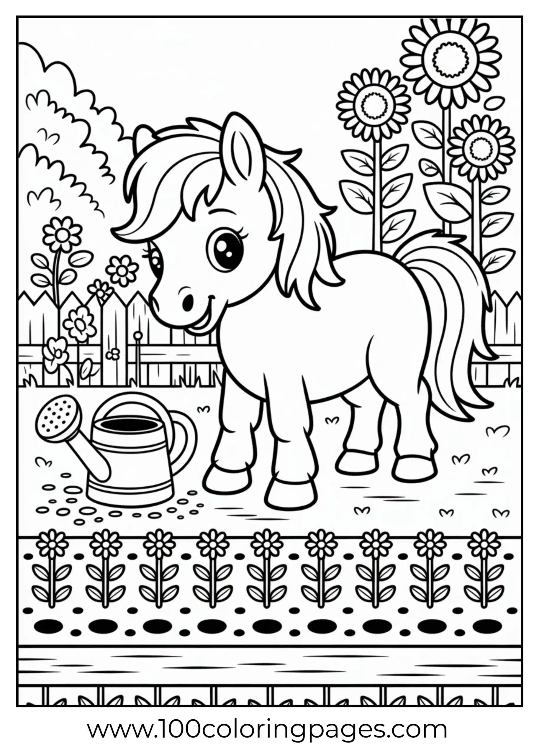 Pony planting sunflowers with watering can