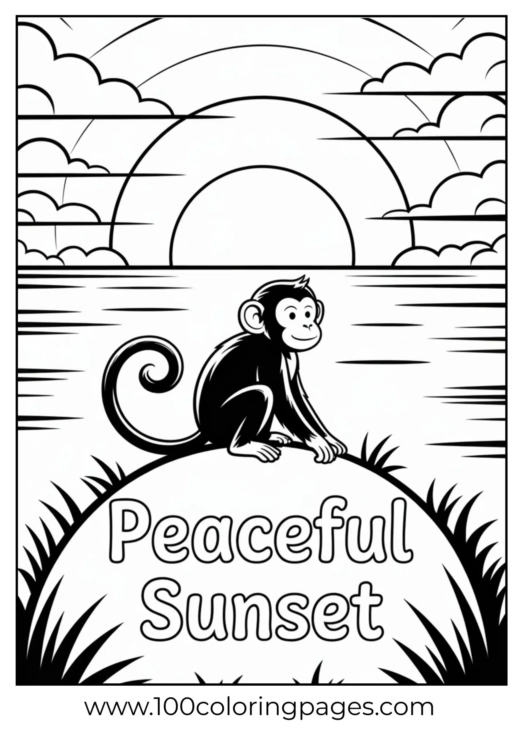 Monkey watching sunset coloring page