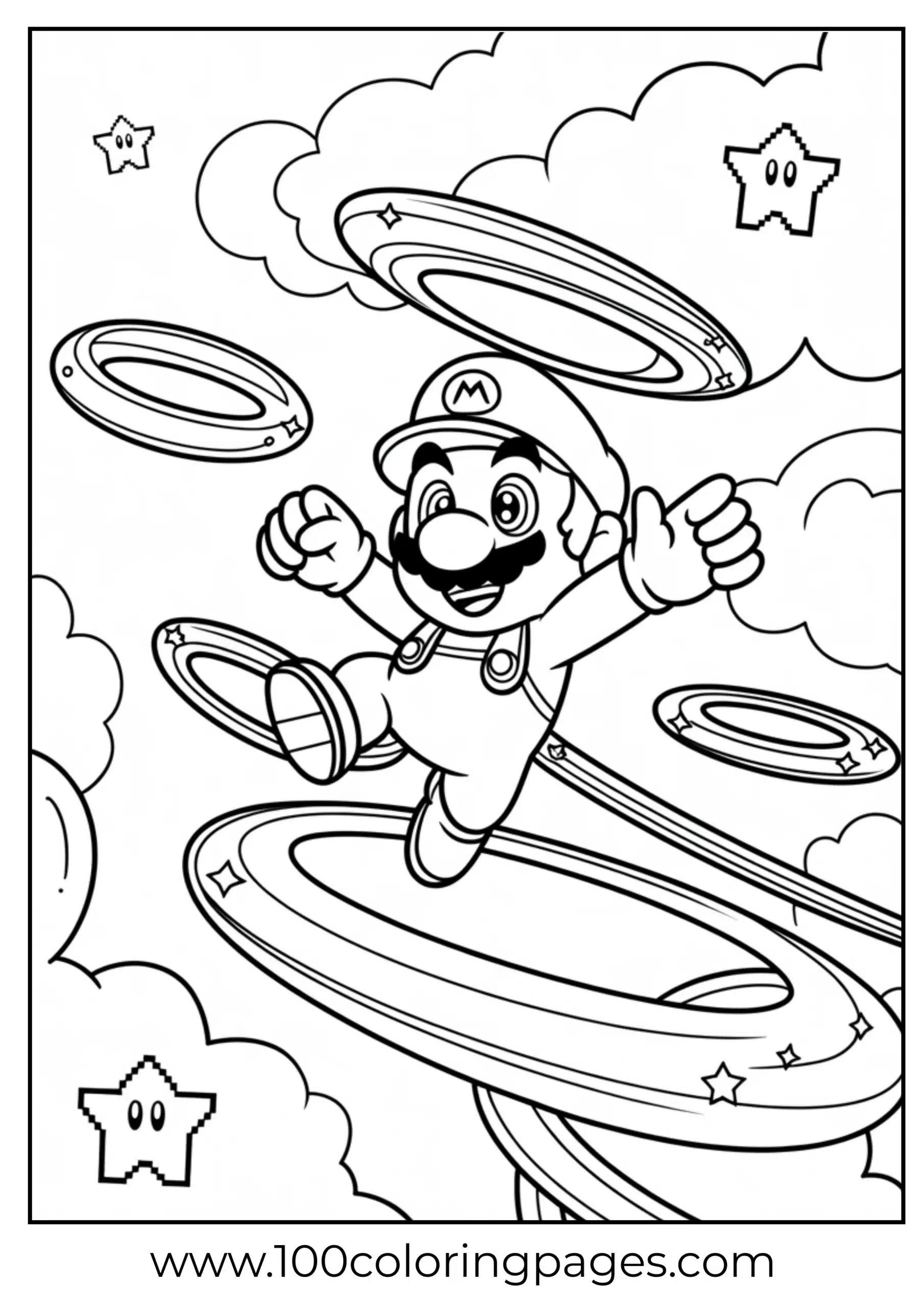 Mario flying through the sky in heroic coloring layout