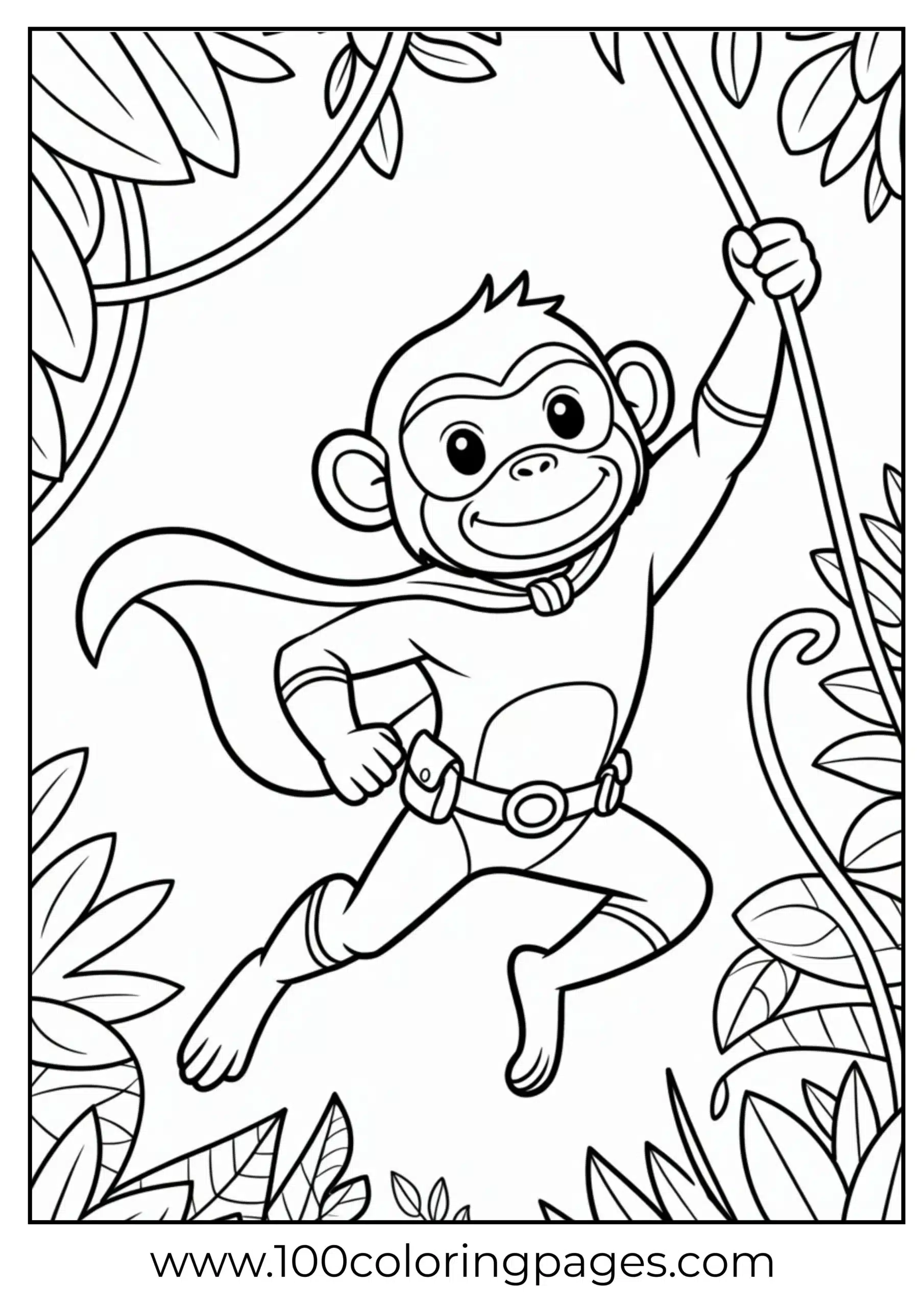 Superhero monkey standing with cape coloring page
