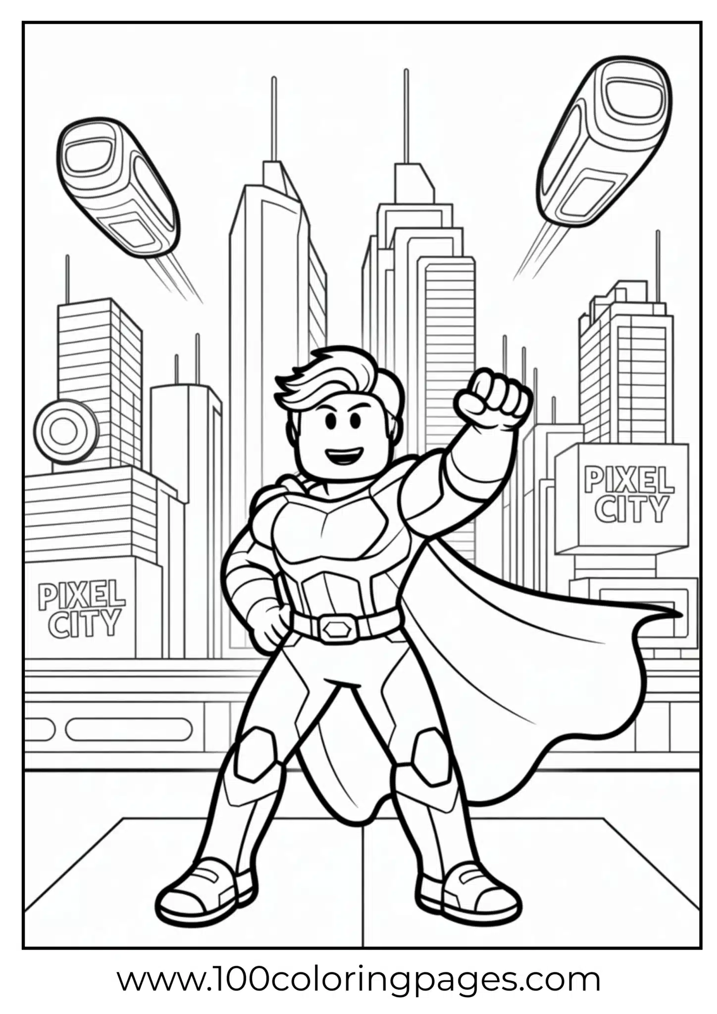 Superhero with a cape stands proudly in a futuristic city