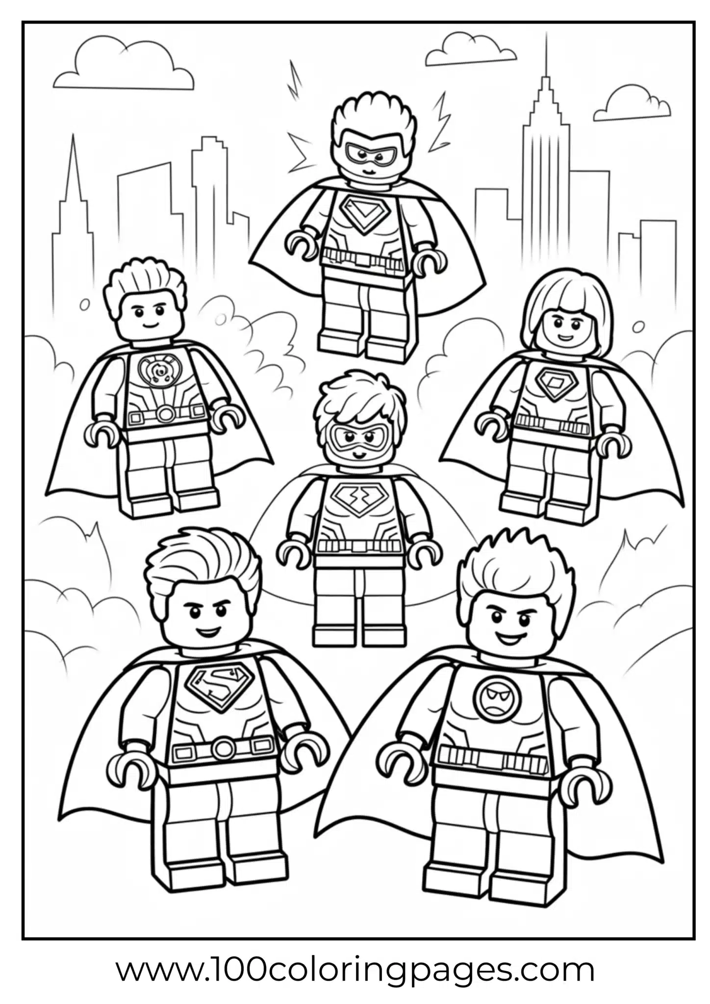 Superhero minifigures flying over a cityscape, ready to color