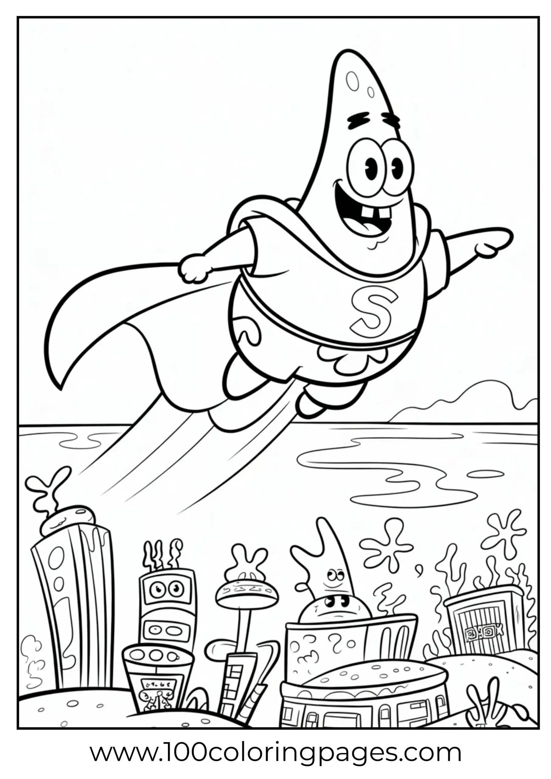Patrick Star flying in cape above town as coloring page