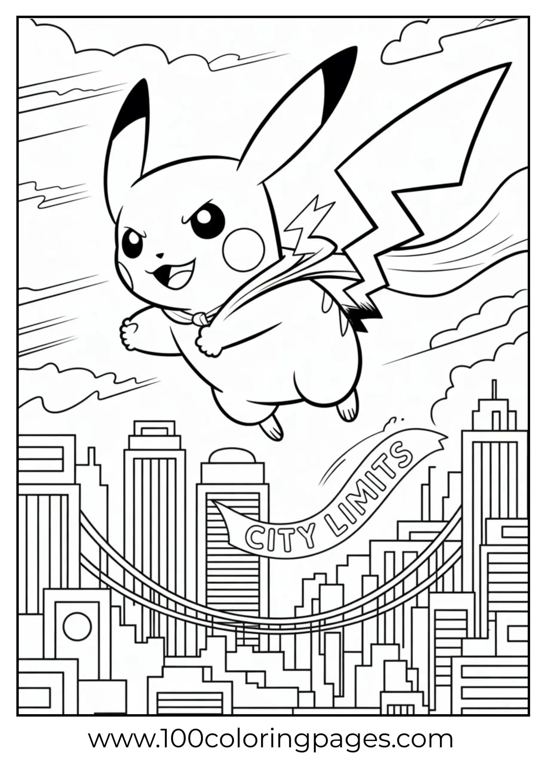 Pikachu flying over city skyline with cape