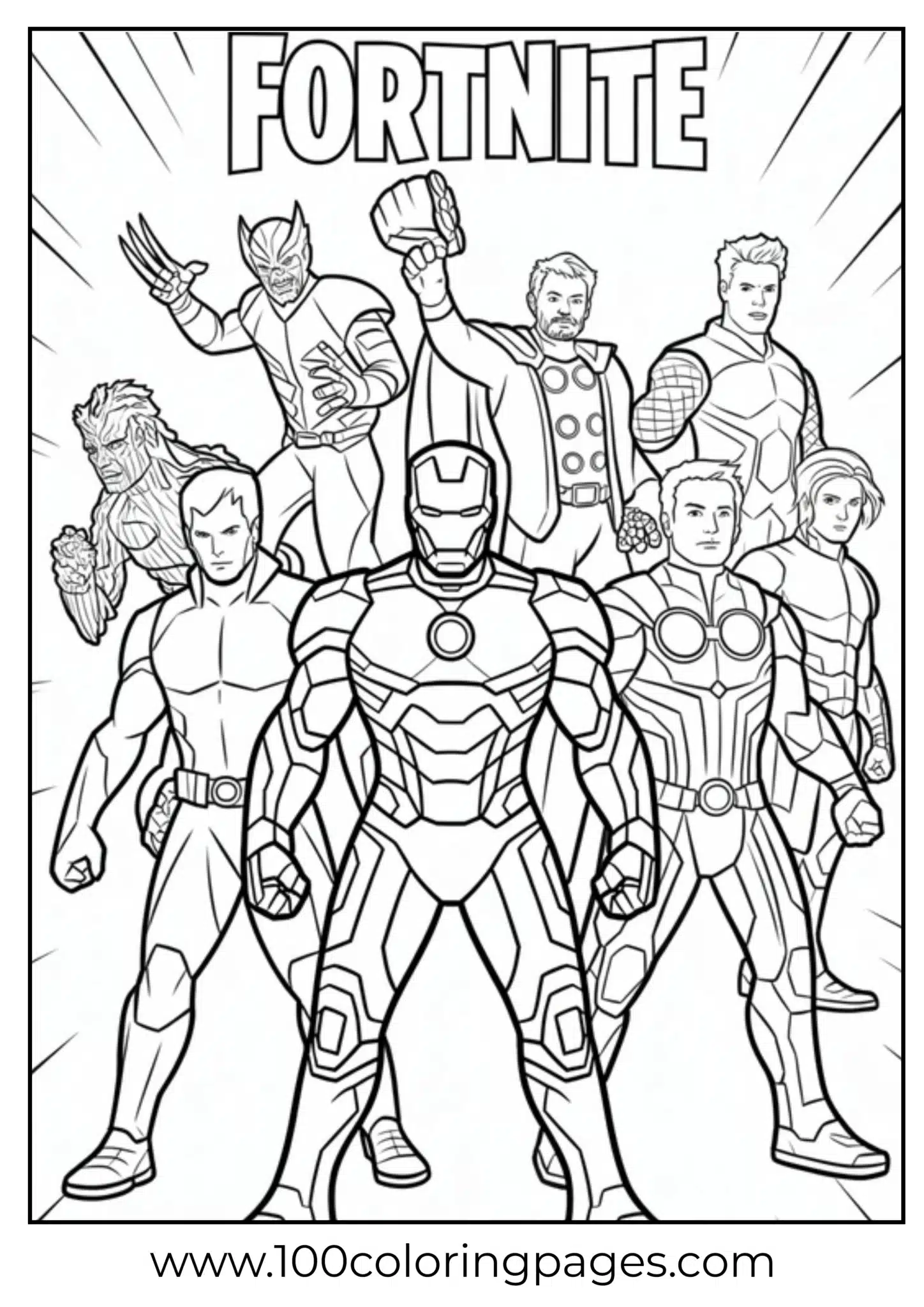 Superhero team in action poses coloring page