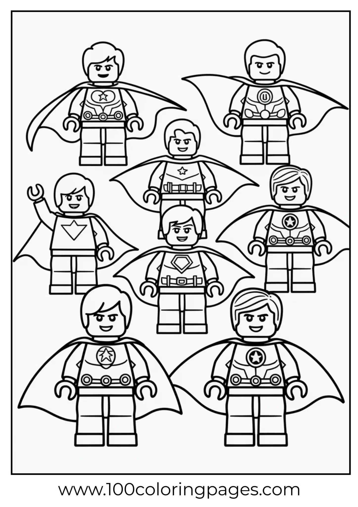 Coloring page of various superhero toy figures with capes