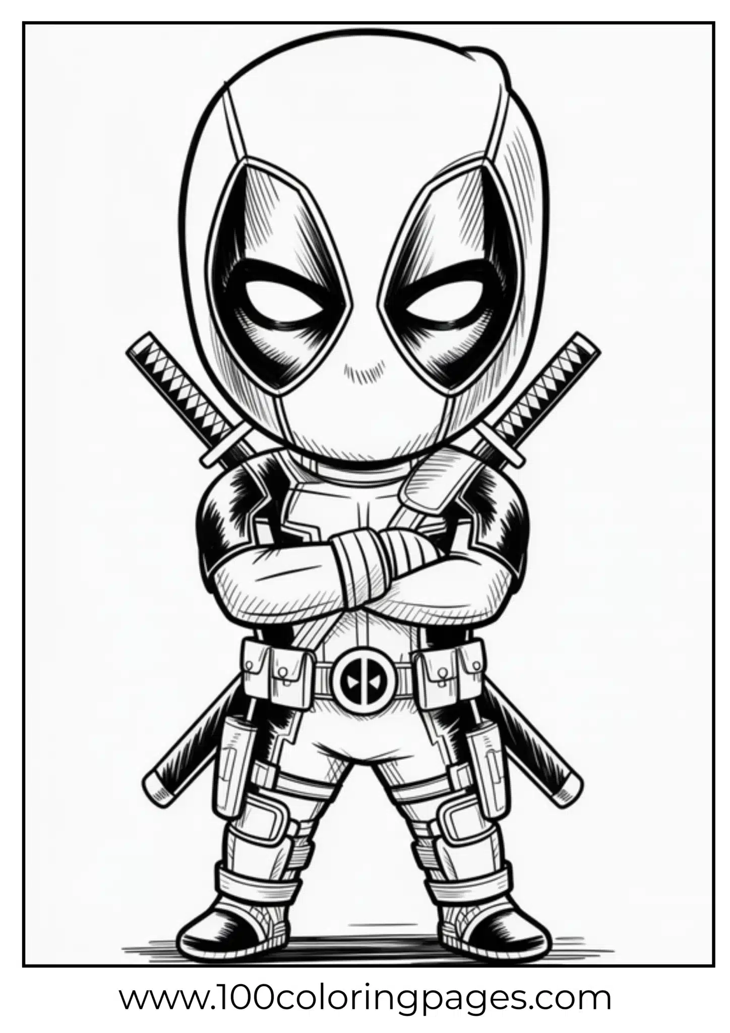 Cartoon superhero with mask and dual swords, arms crossed