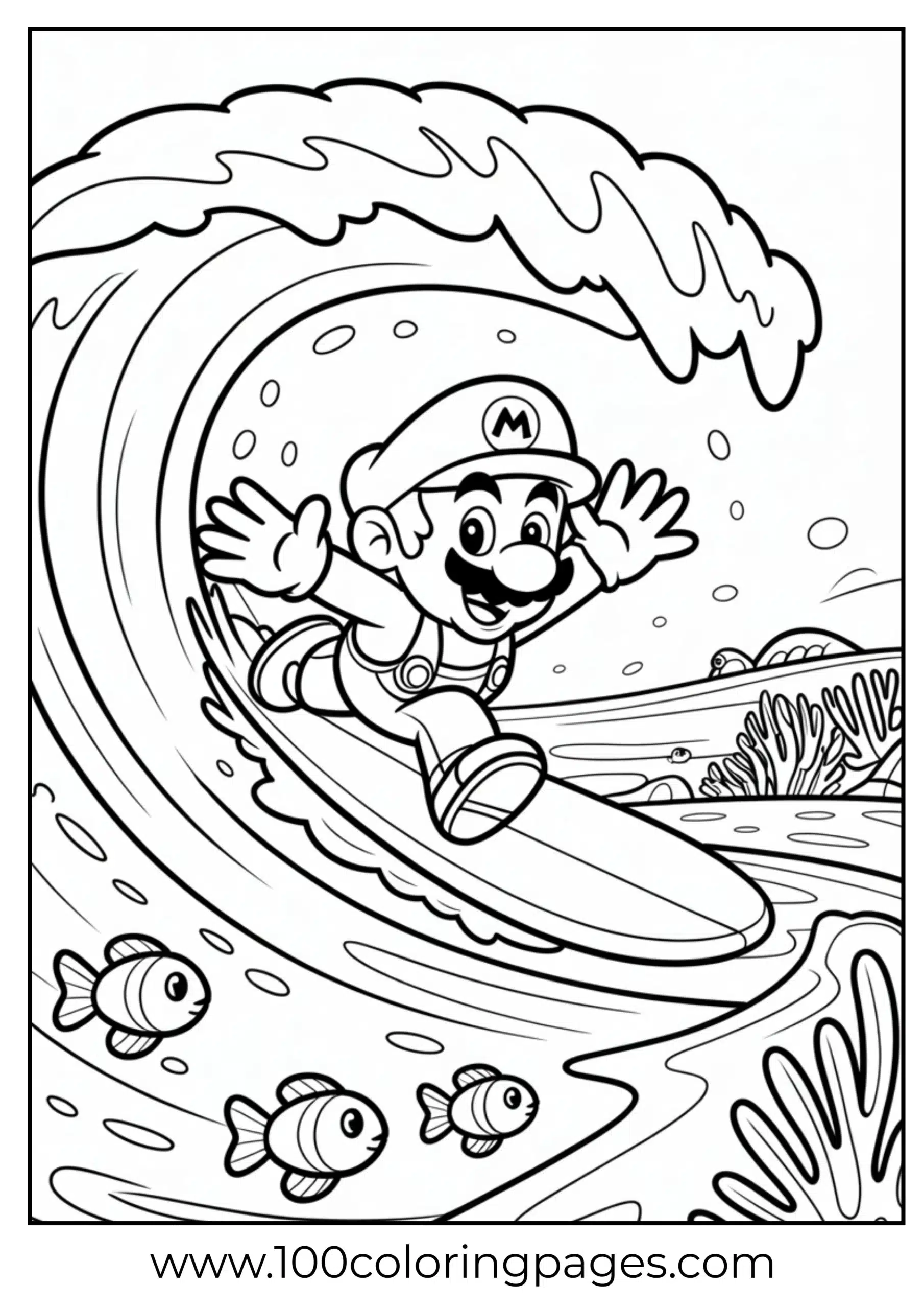 Mario surfing on waves in a beach-themed coloring page