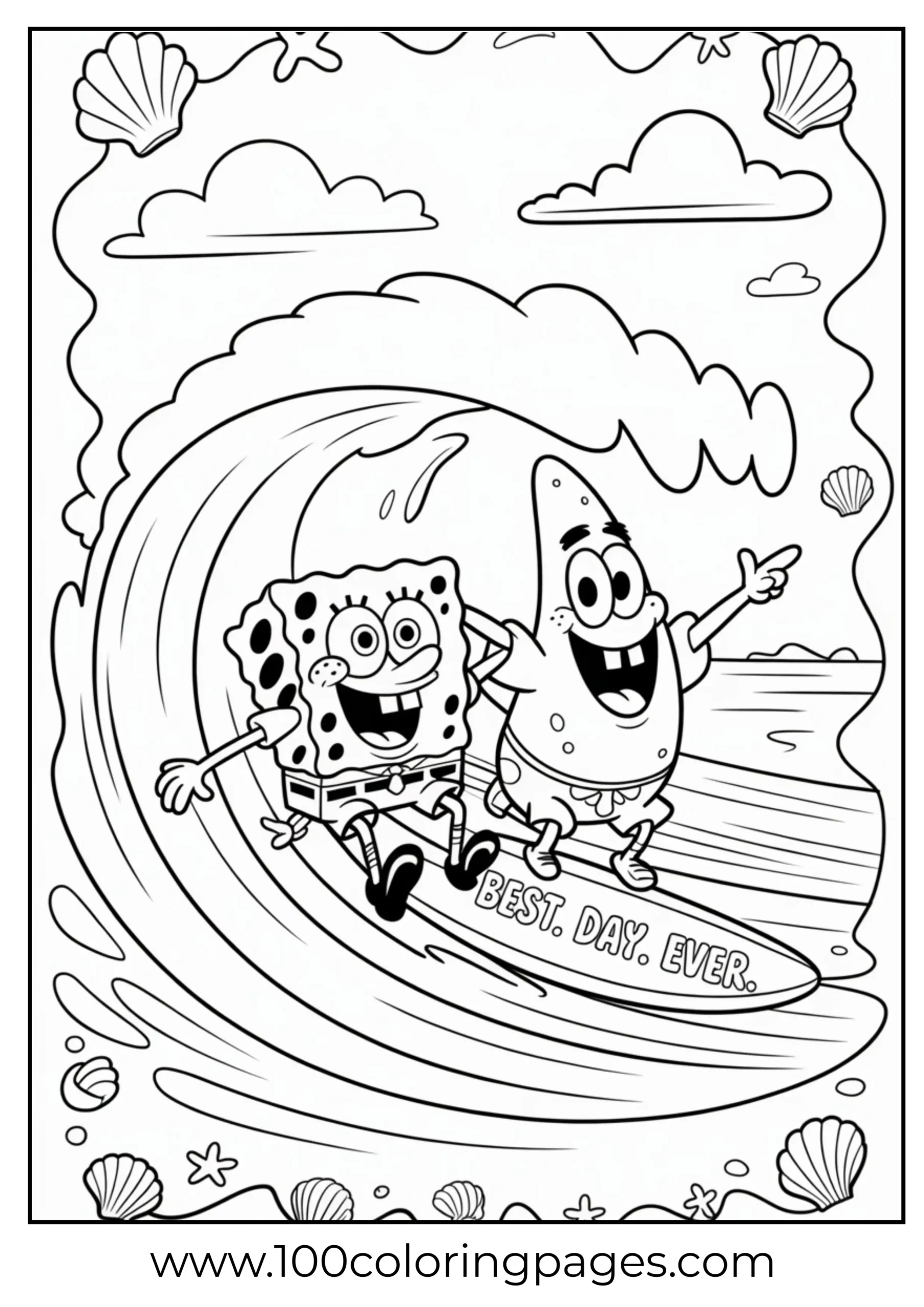 SpongeBob and Patrick surfing on ocean wave as coloring page