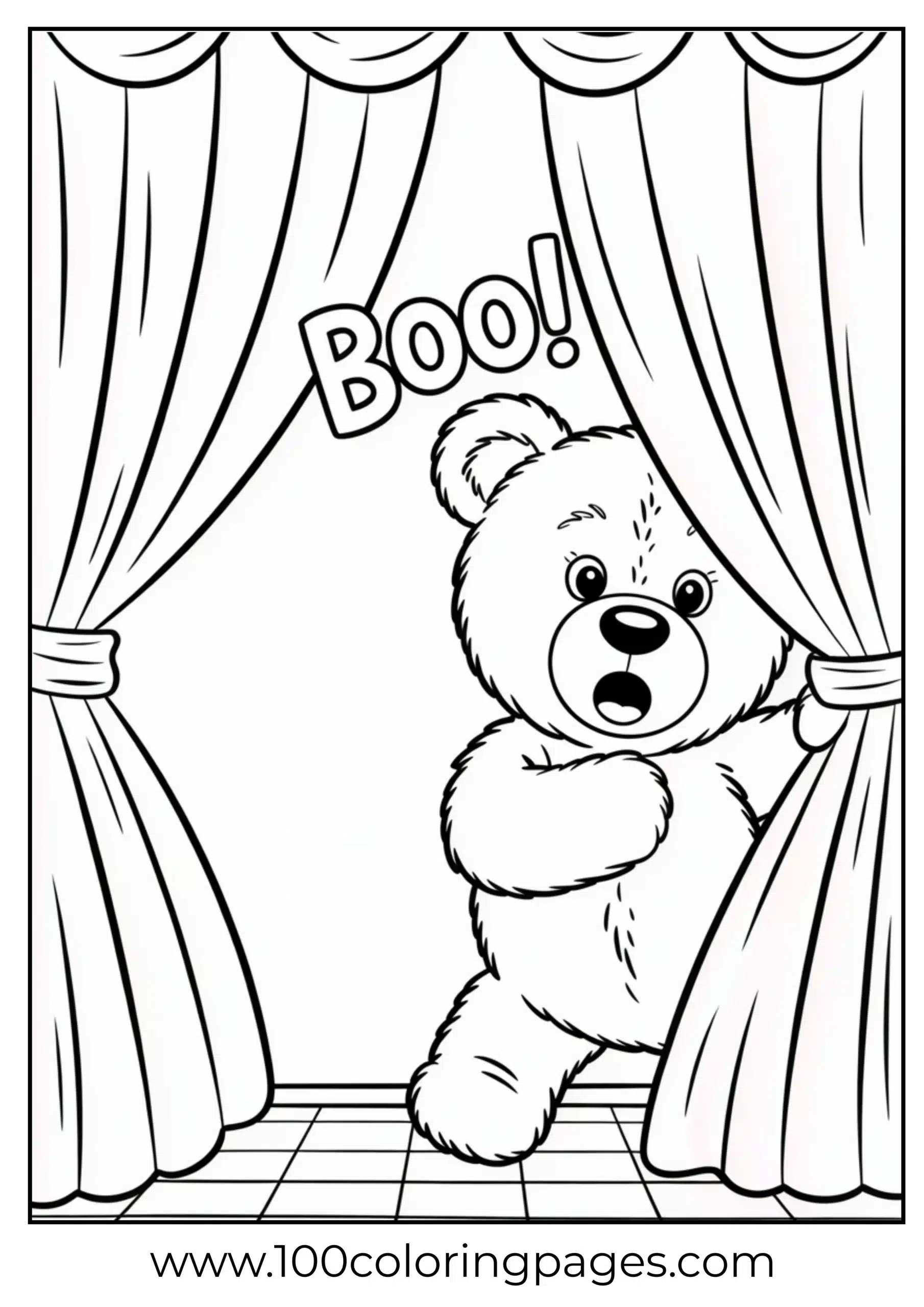 Surprise Bear behind curtain coloring page