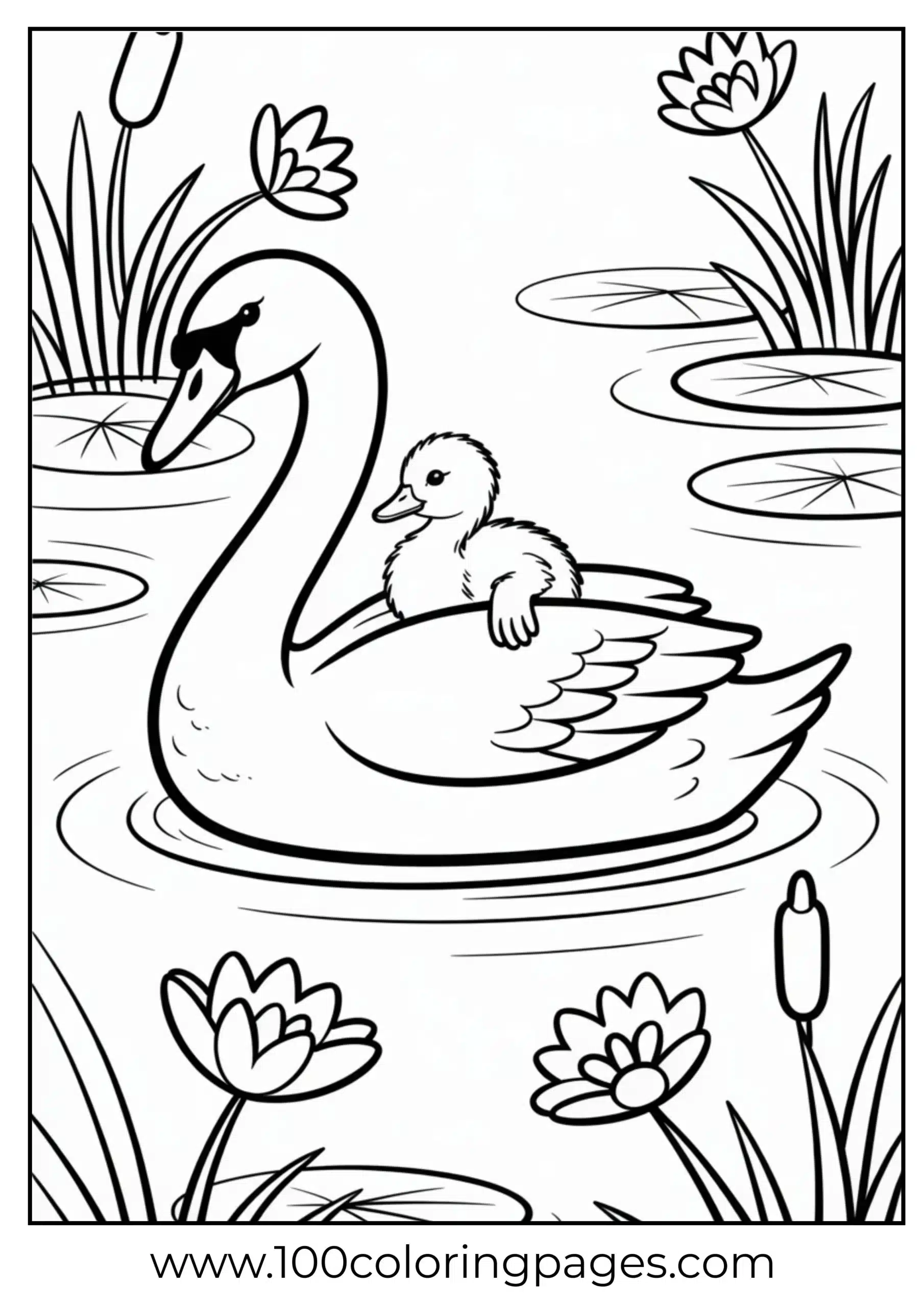 Cute swan carrying cygnet coloring page