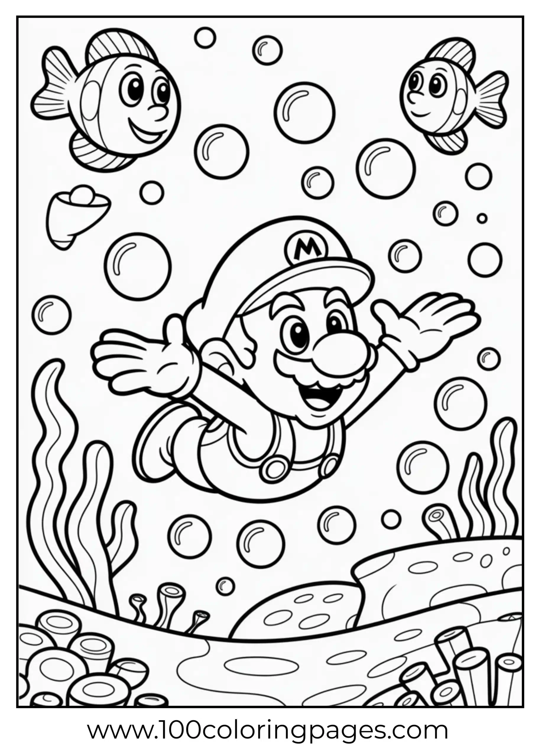 Mario swimming underwater in a black-and-white page