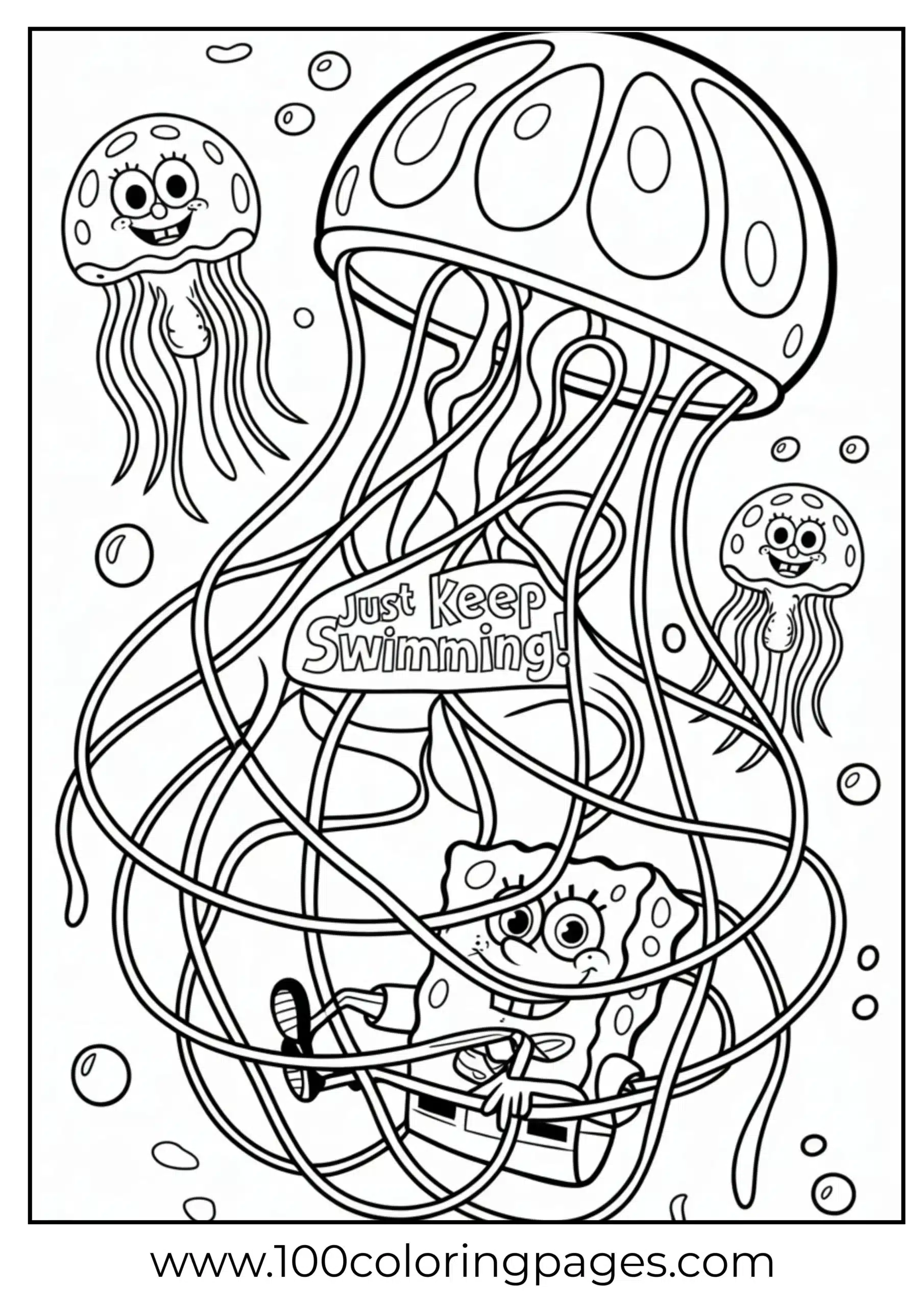 SpongeBob caught in net with joyful look as coloring page