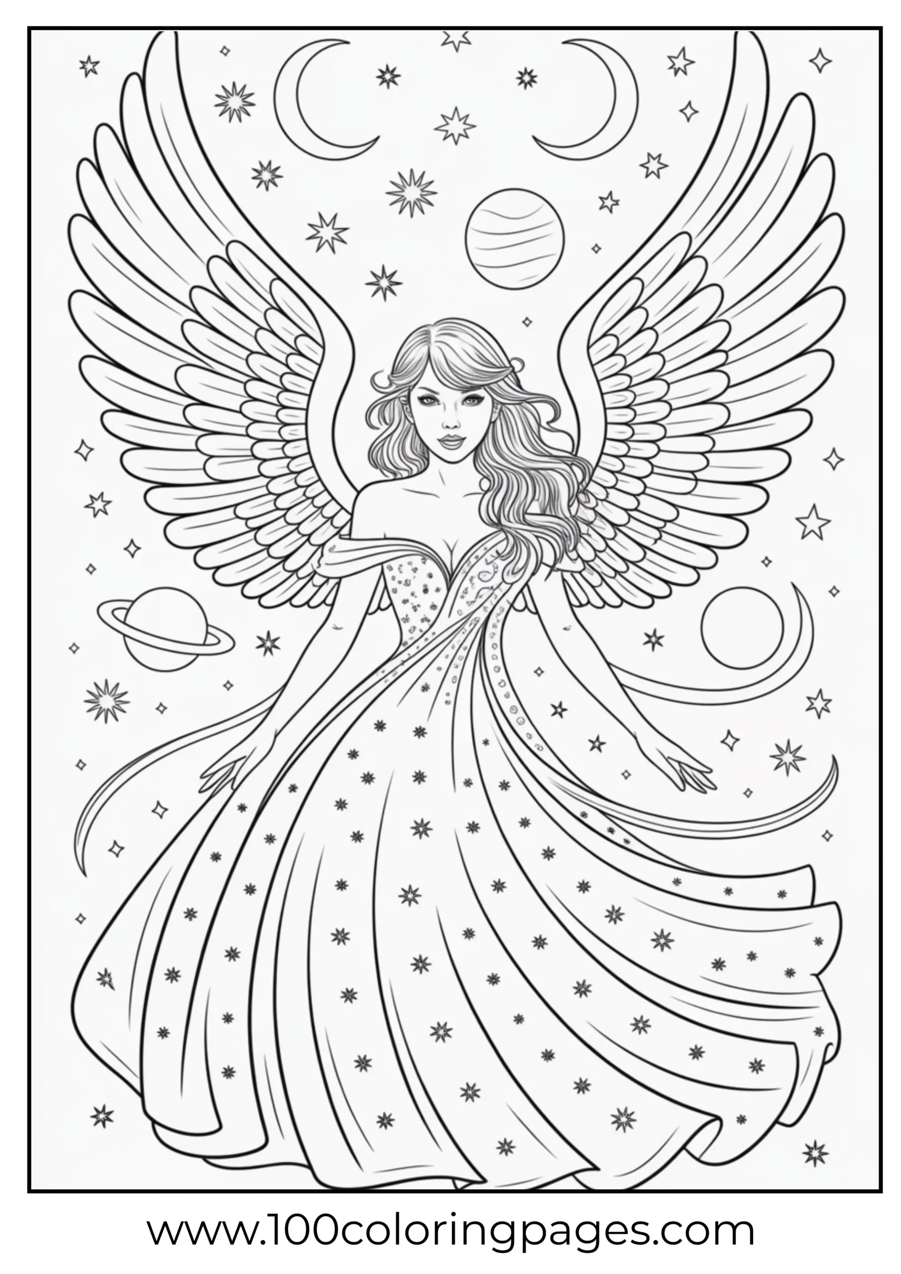 Taylor Swift with angel wings and stars coloring page