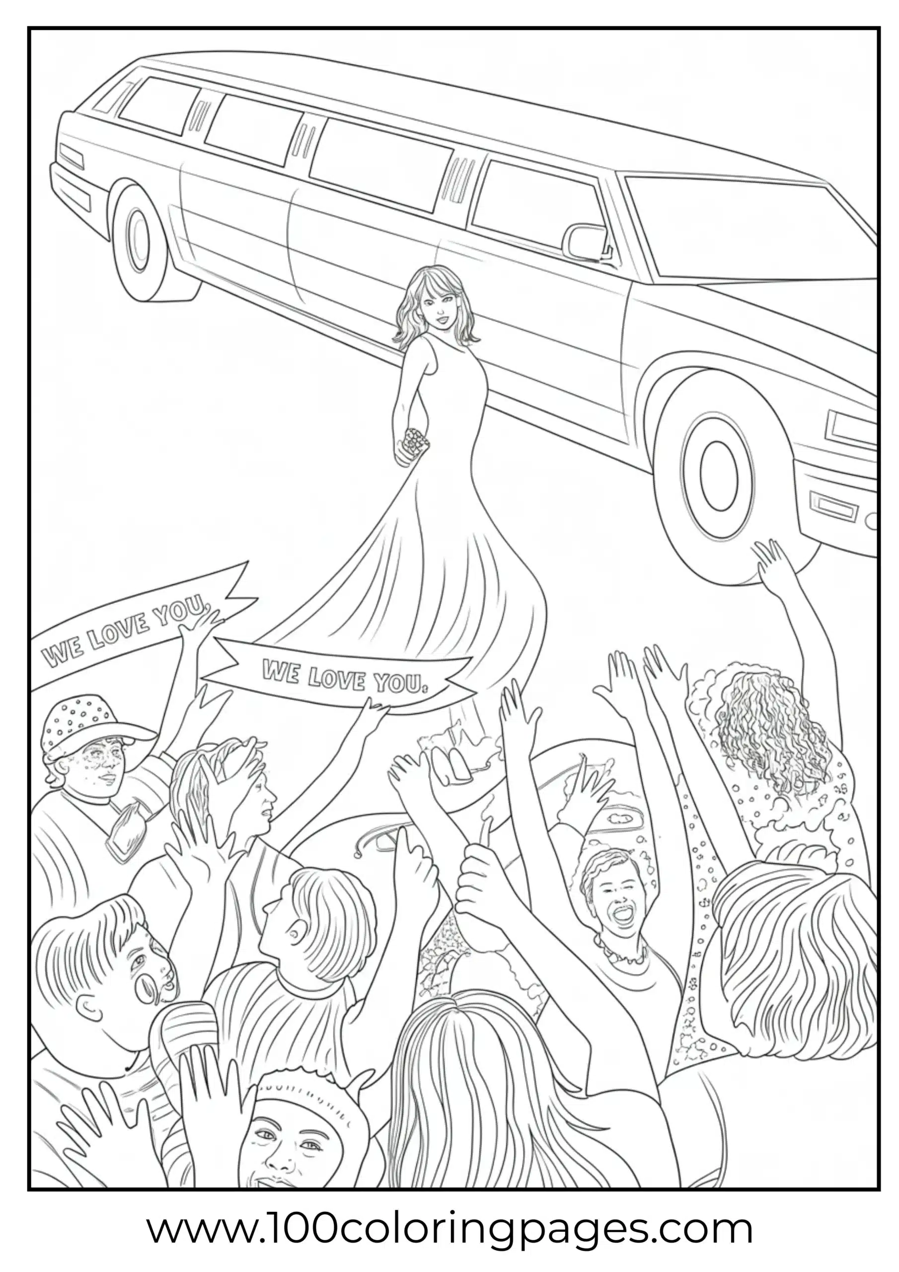 Taylor Swift exiting limousine with crowd cheering coloring page