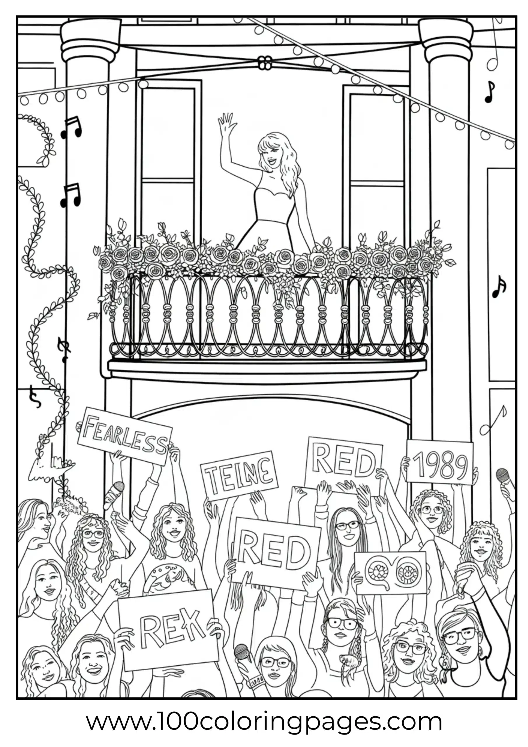 Taylor Swift waving from balcony above fans coloring page