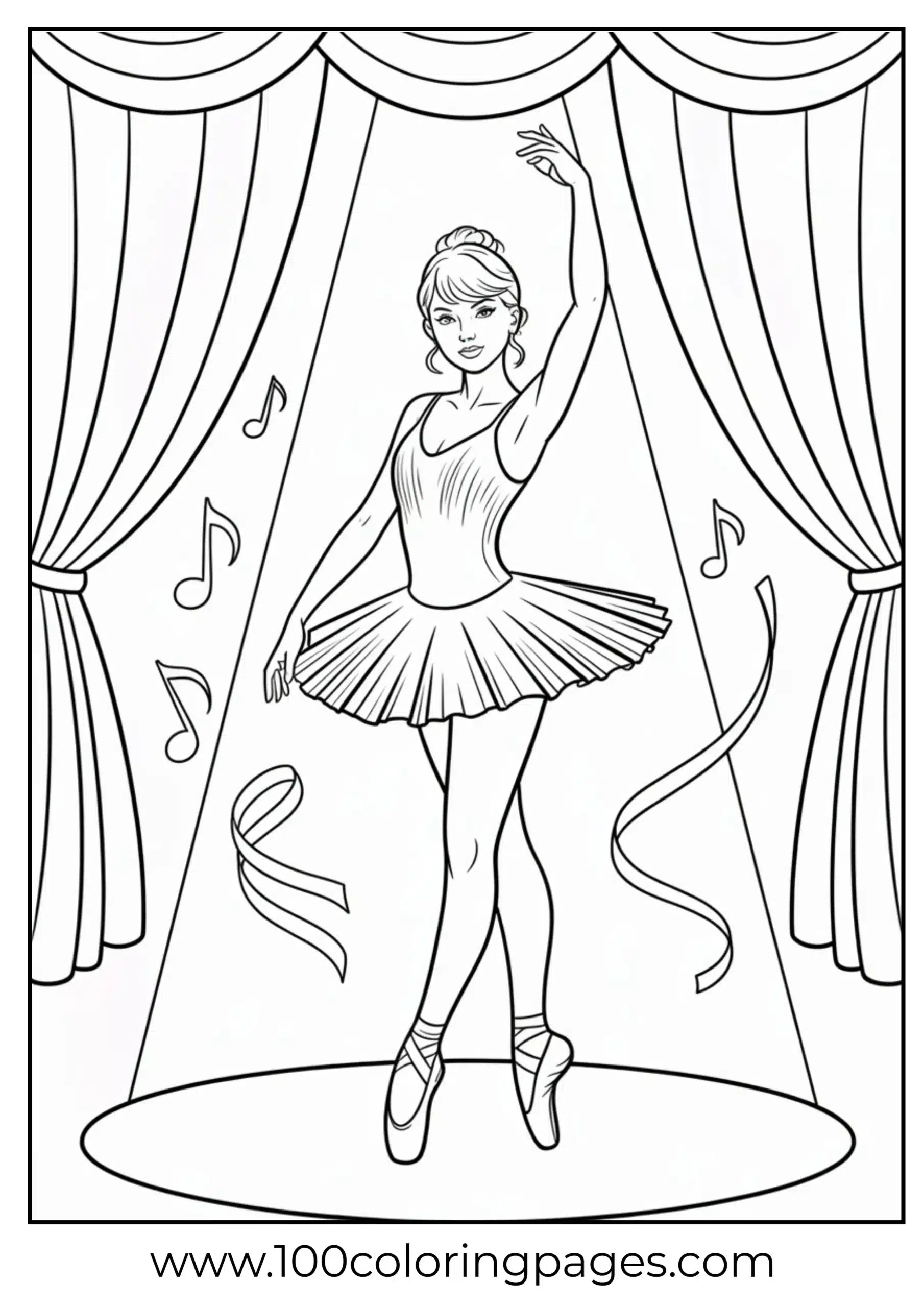 Taylor Swift in ballet pose on stage coloring page