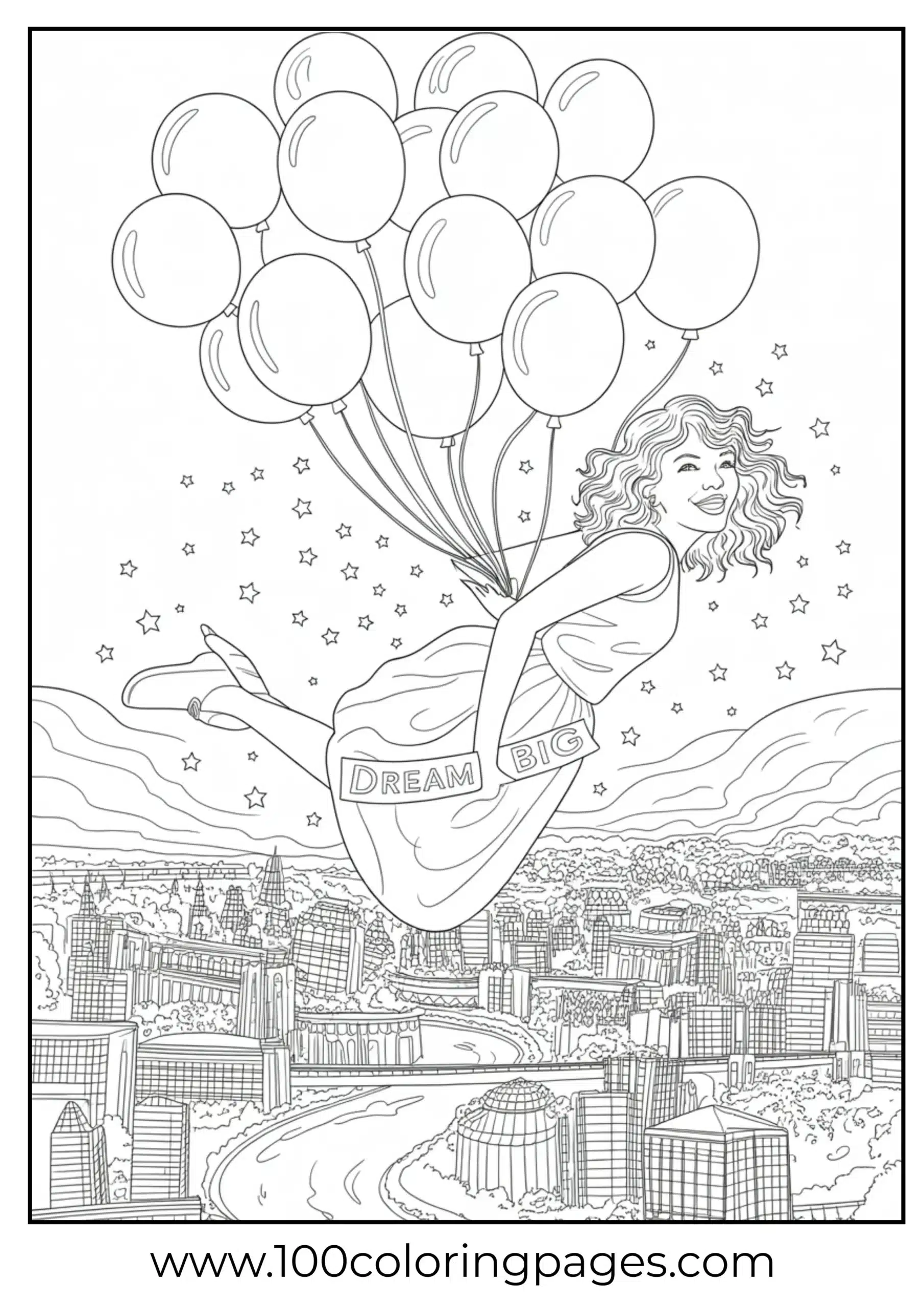 Taylor Swift floating with balloons above city coloring page