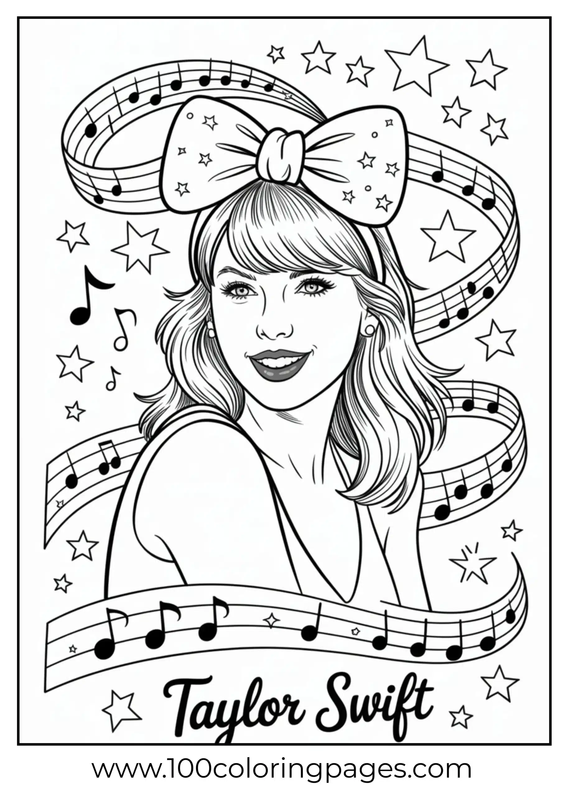 Taylor Swift with big bow and sparkles coloring page