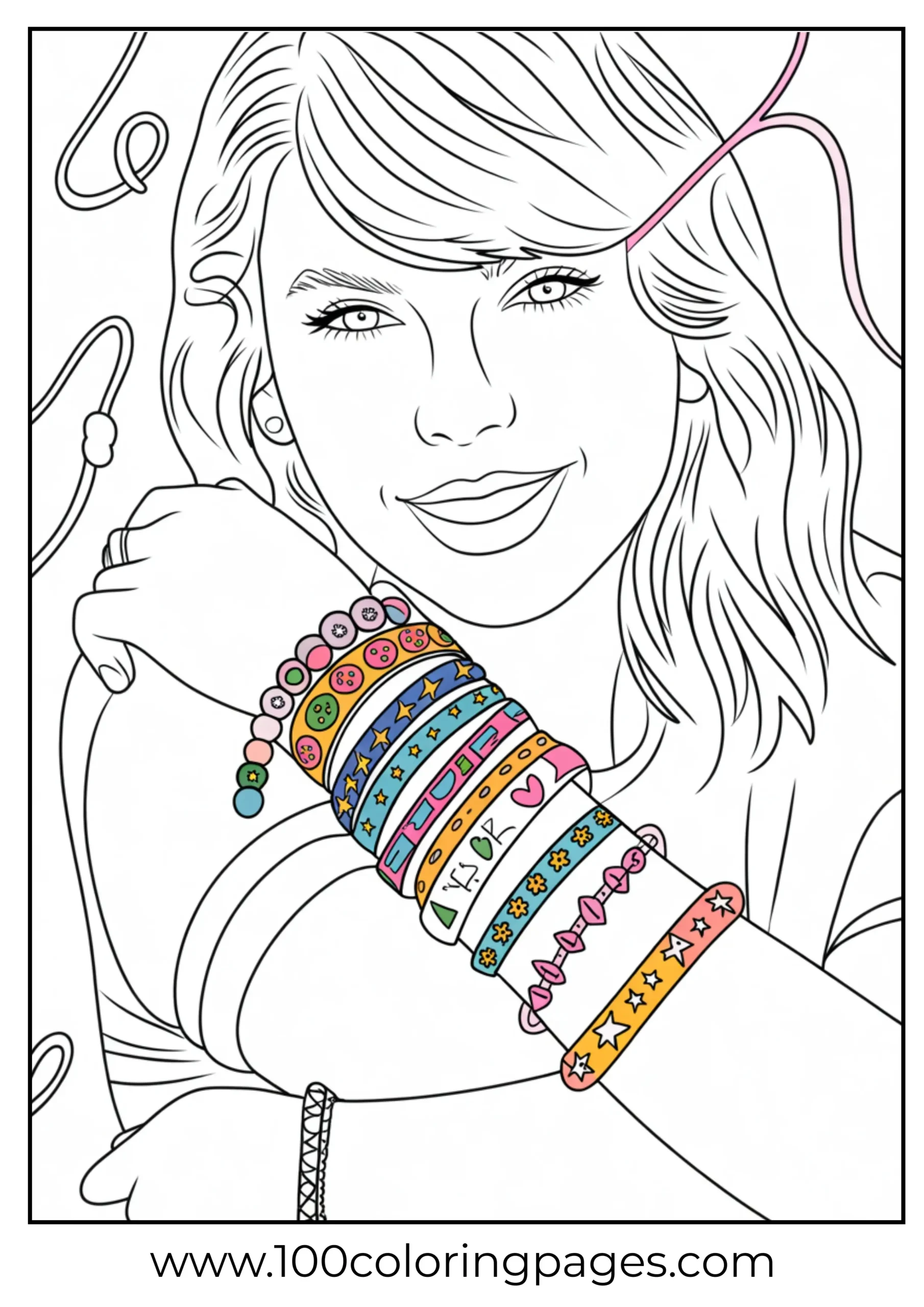 Taylor Swift with friendship bracelets smiling coloring page