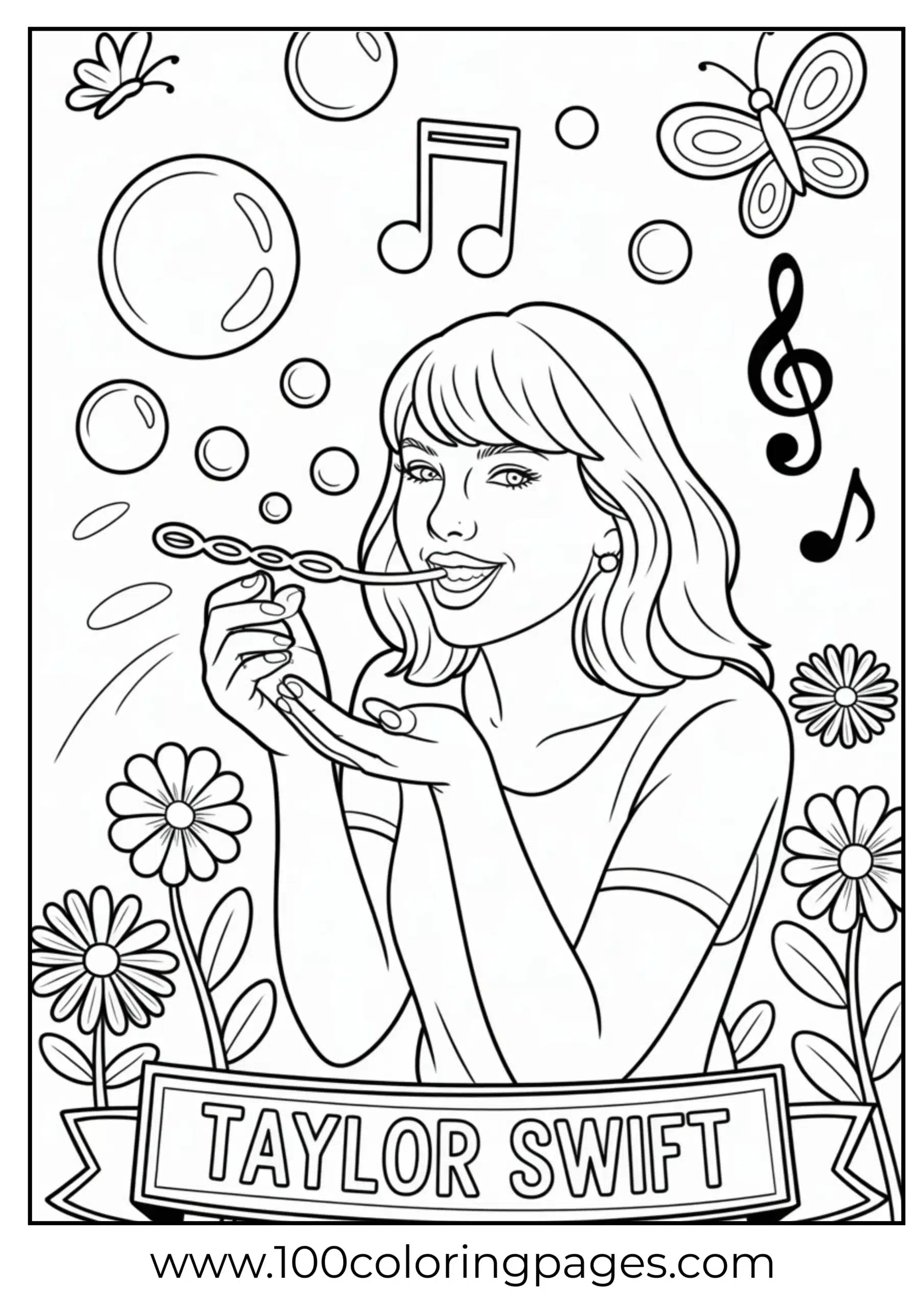 Taylor Swift blowing bubbles shaped like notes coloring page