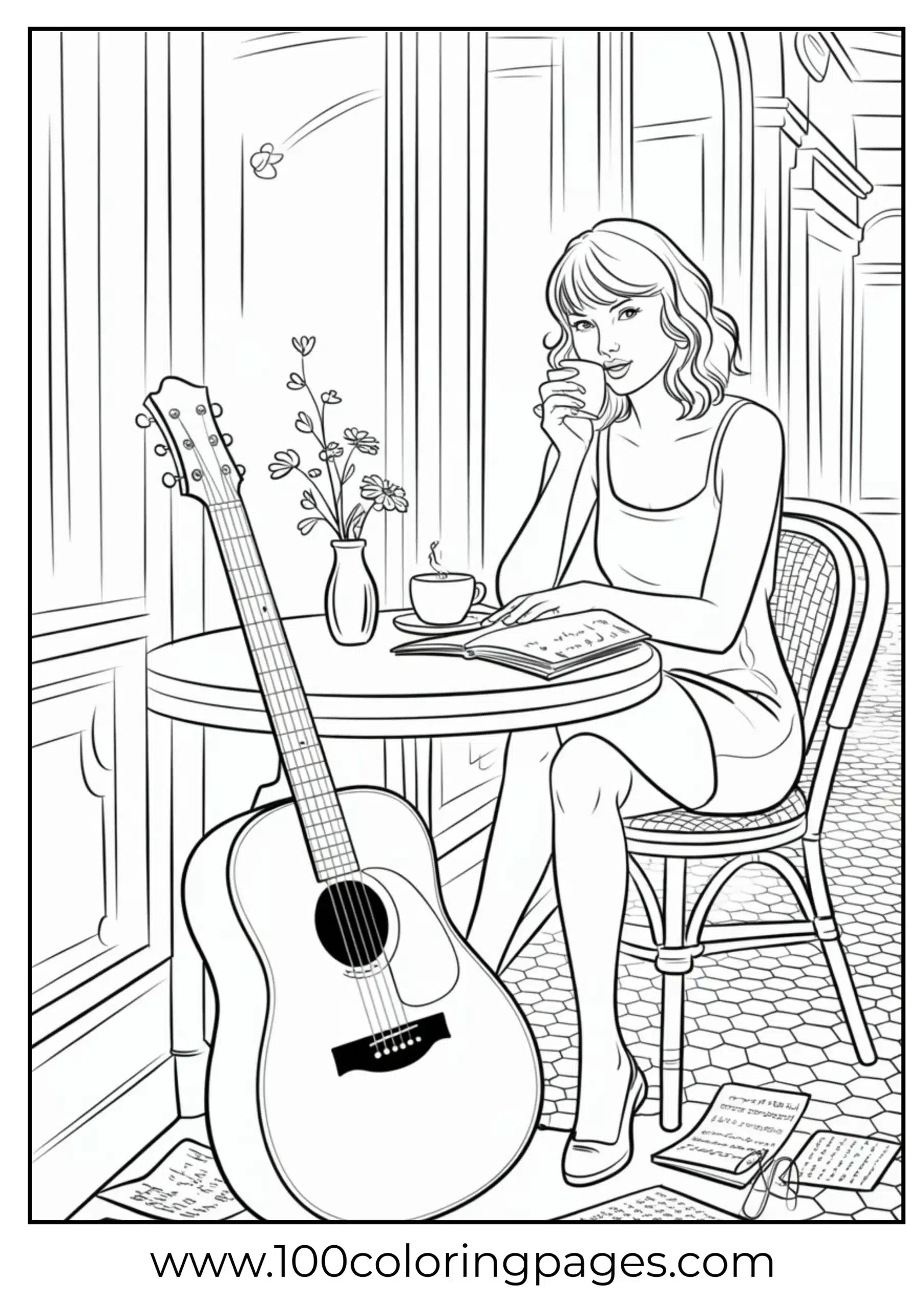 Taylor Swift in coffee shop with guitar and journal coloring page
