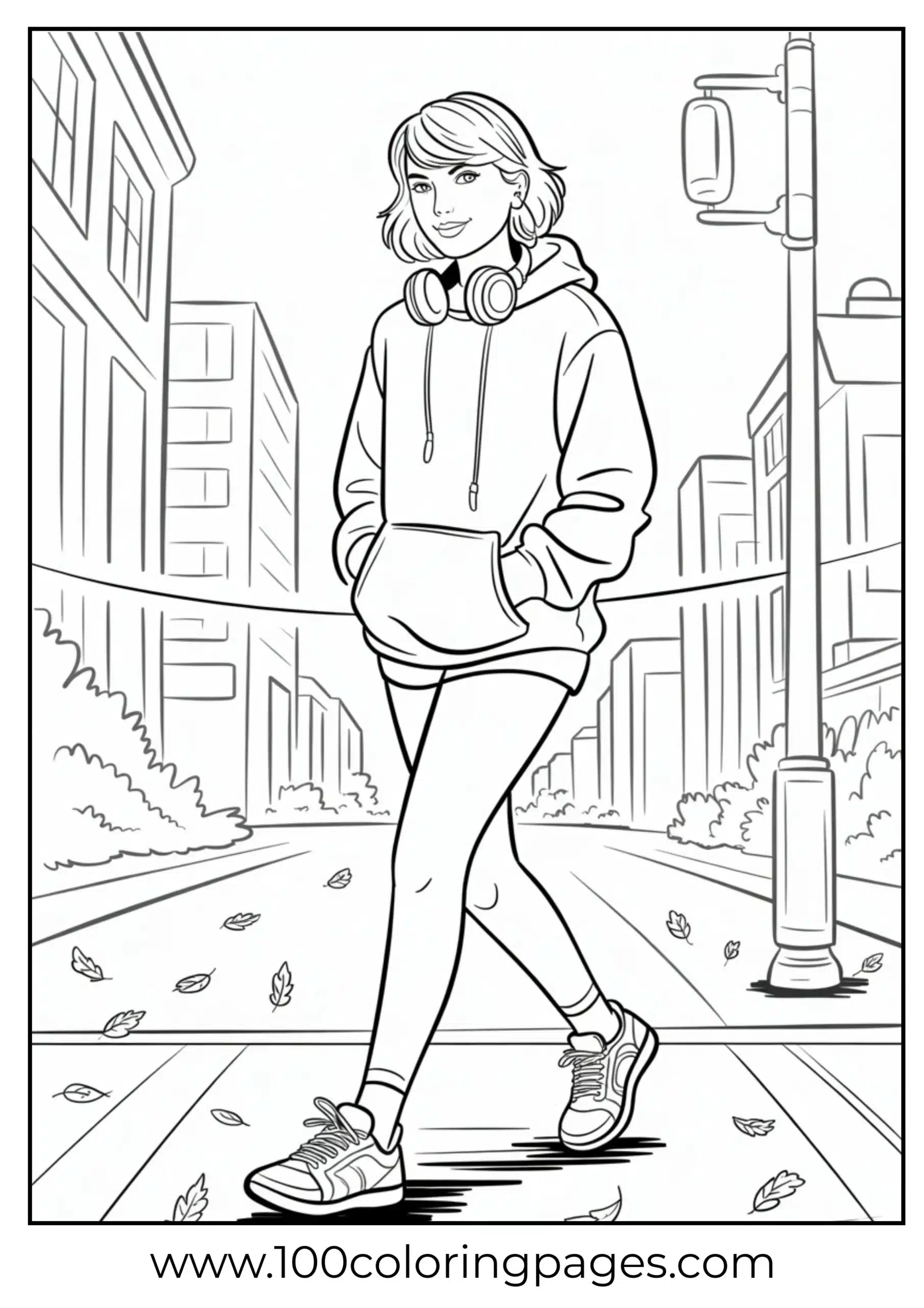 Taylor Swift in casual outfit with headphones coloring page