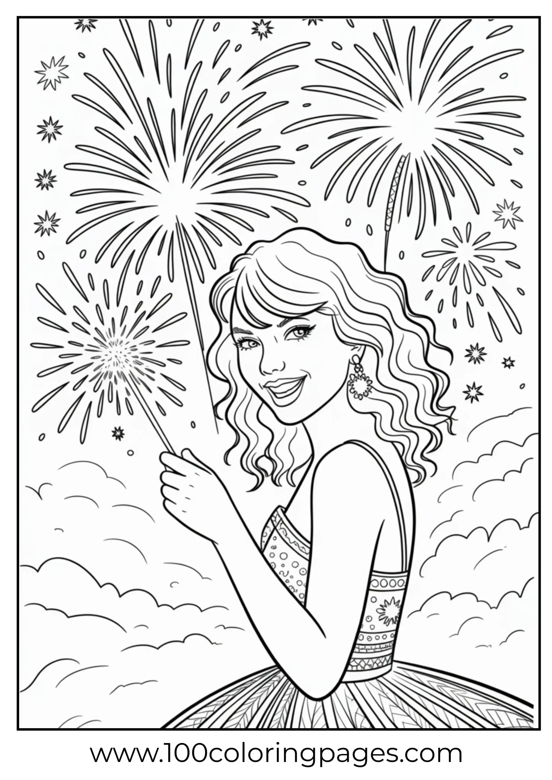 Taylor Swift holding sparkler with fireworks coloring page