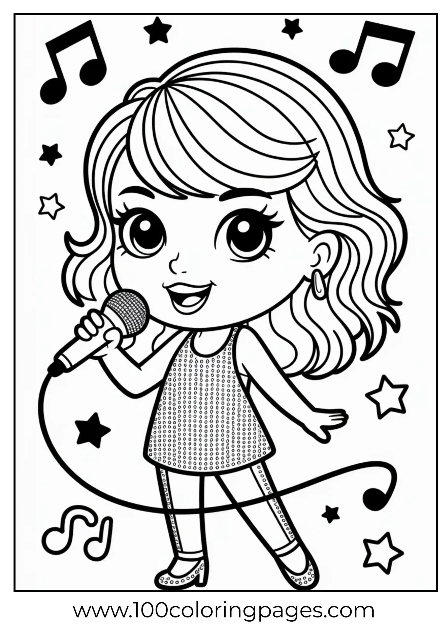 Cute chibi Taylor Swift with microphone coloring page