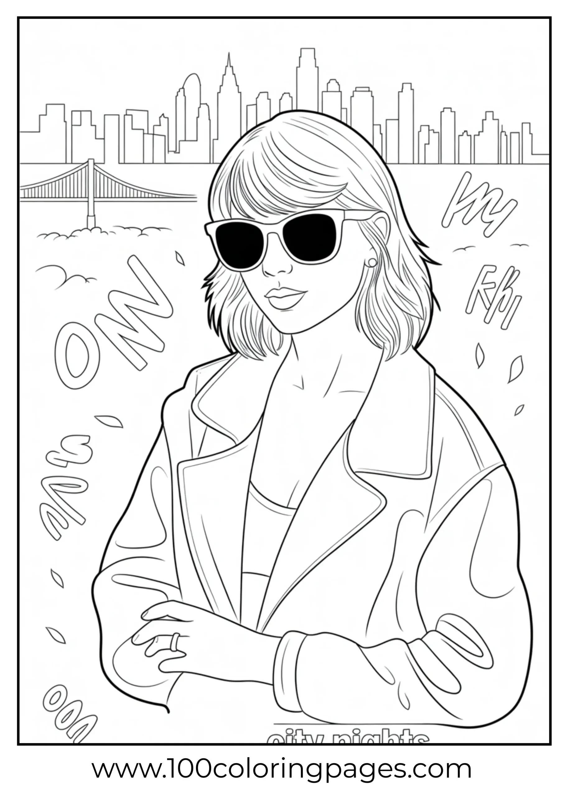 Taylor Swift with sunglasses and skyline coloring page