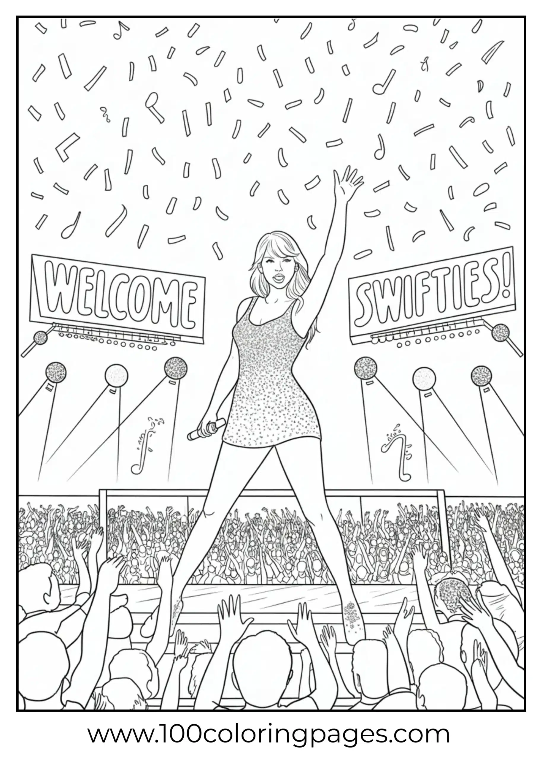 Taylor Swift waving under confetti on stage coloring page