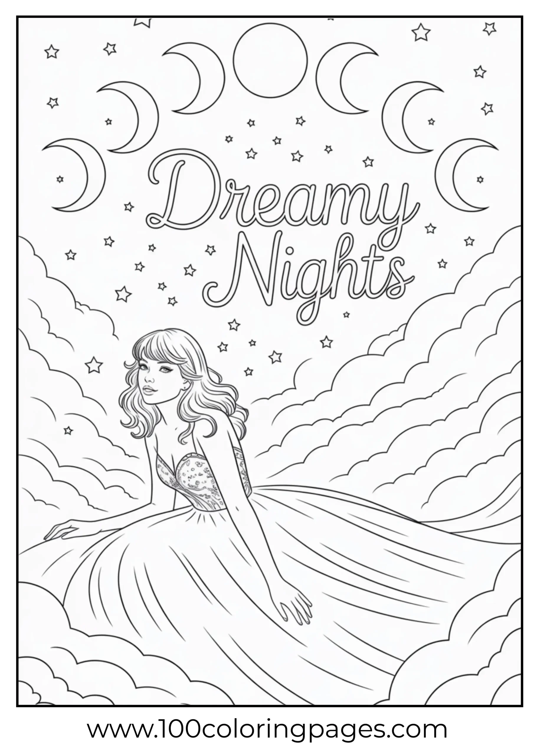 Taylor Swift in cosmic moon phase scene coloring page