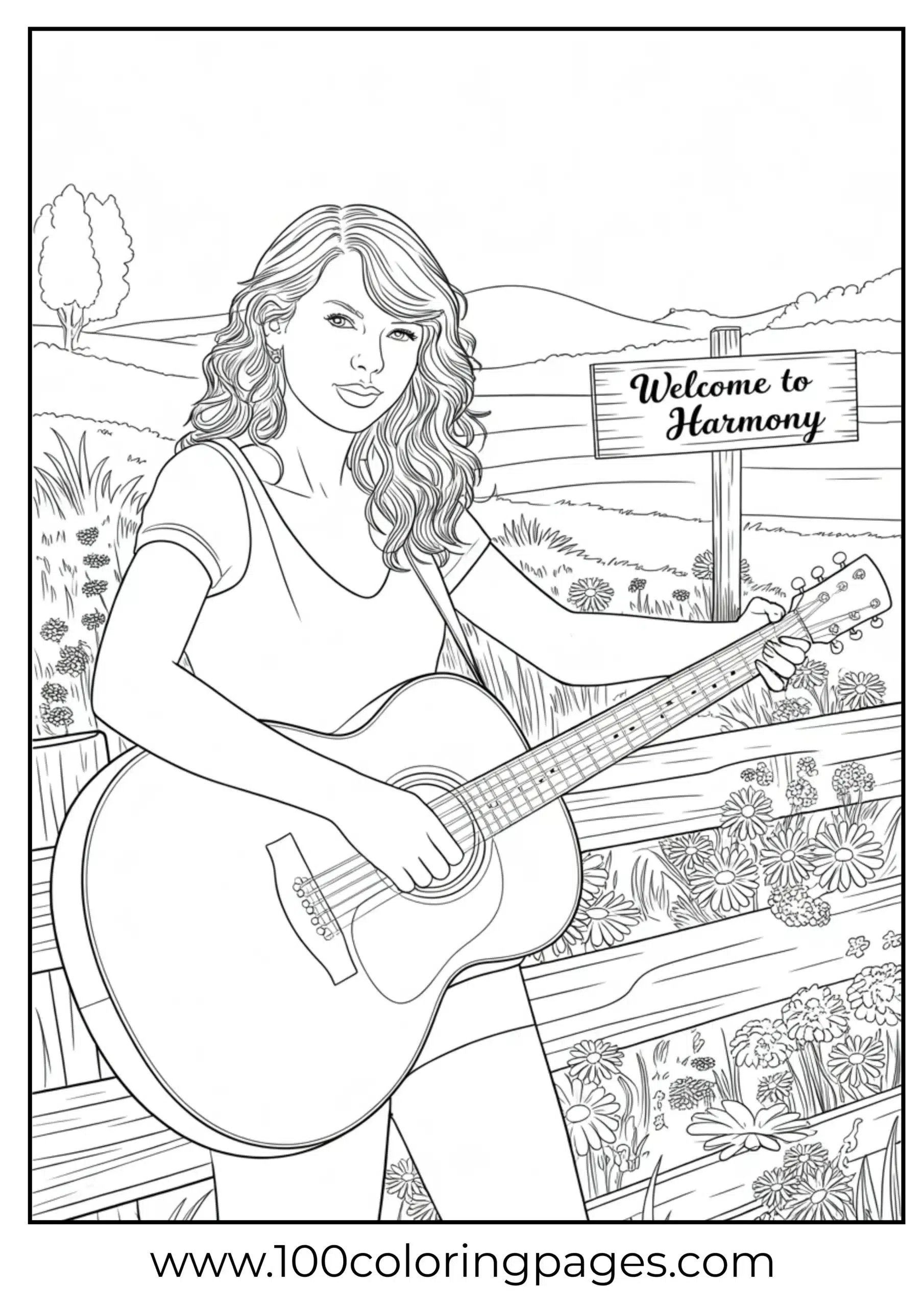 Taylor Swift leaning on fence with guitar coloring page