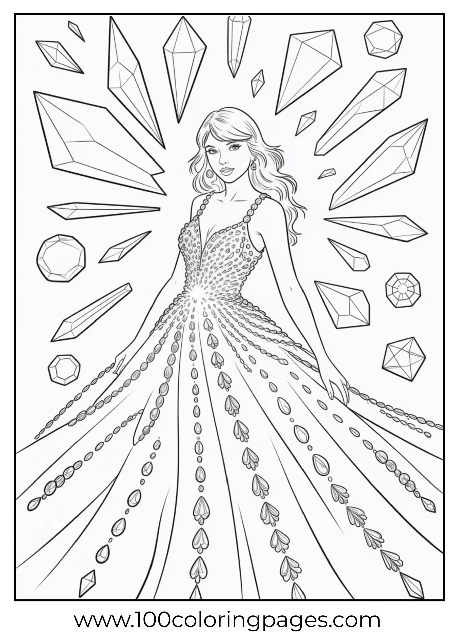 Fantasy Taylor Swift with crystals coloring page